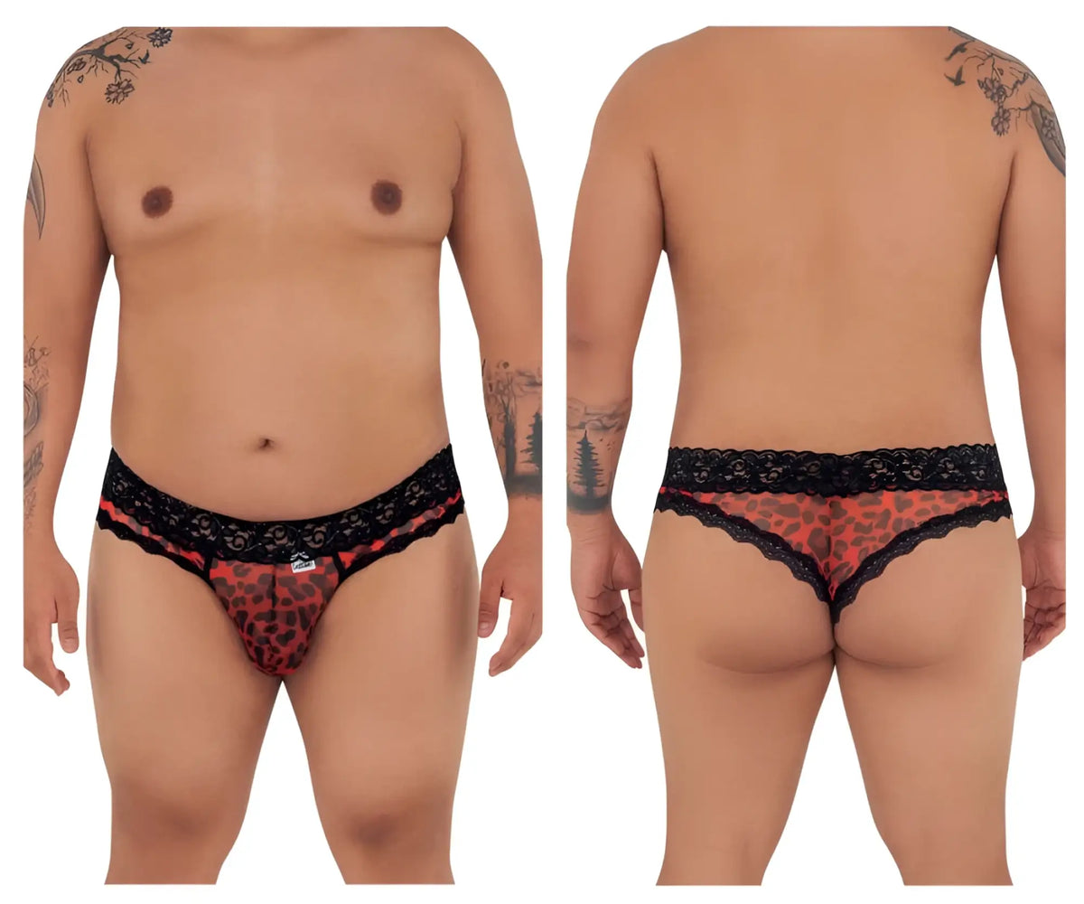 Red leopard-print CandyMan 99596X mesh-lace briefs with black lace trim for stylish lingerie wear