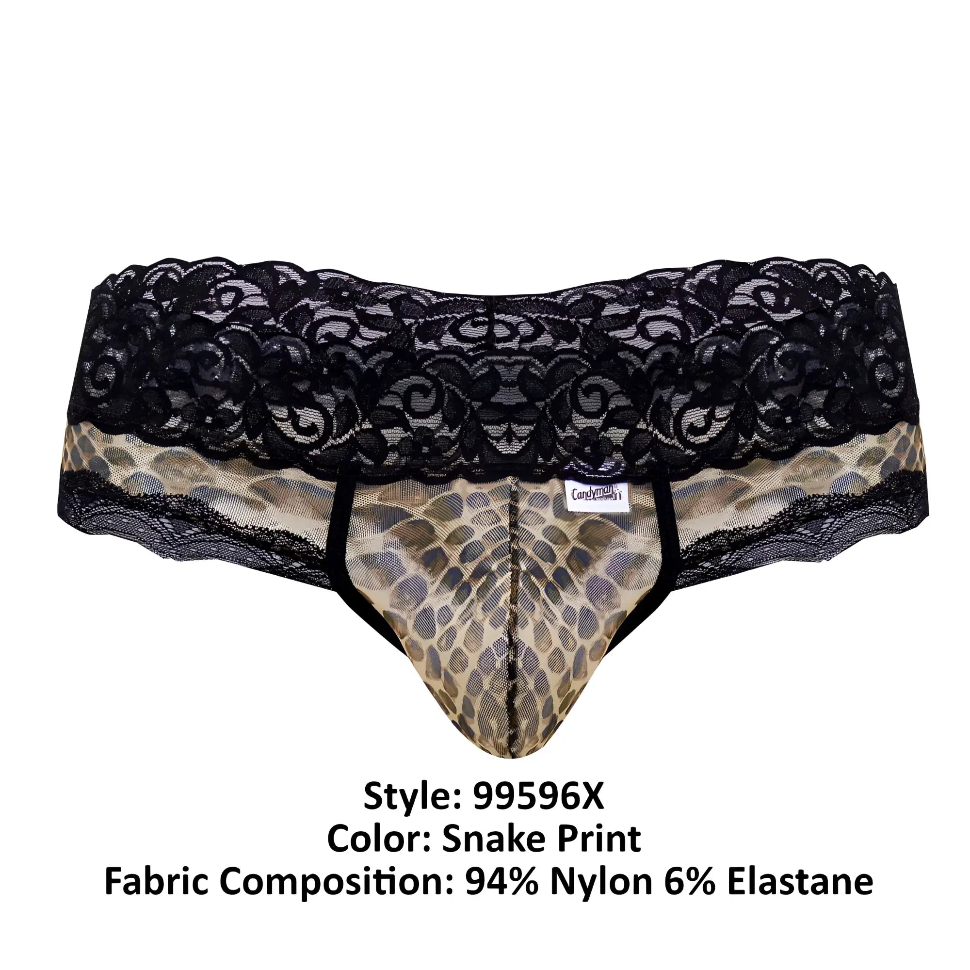 Black lace-trimmed men’s briefs with tan and brown snake print mesh lace from candyman 99596x collection