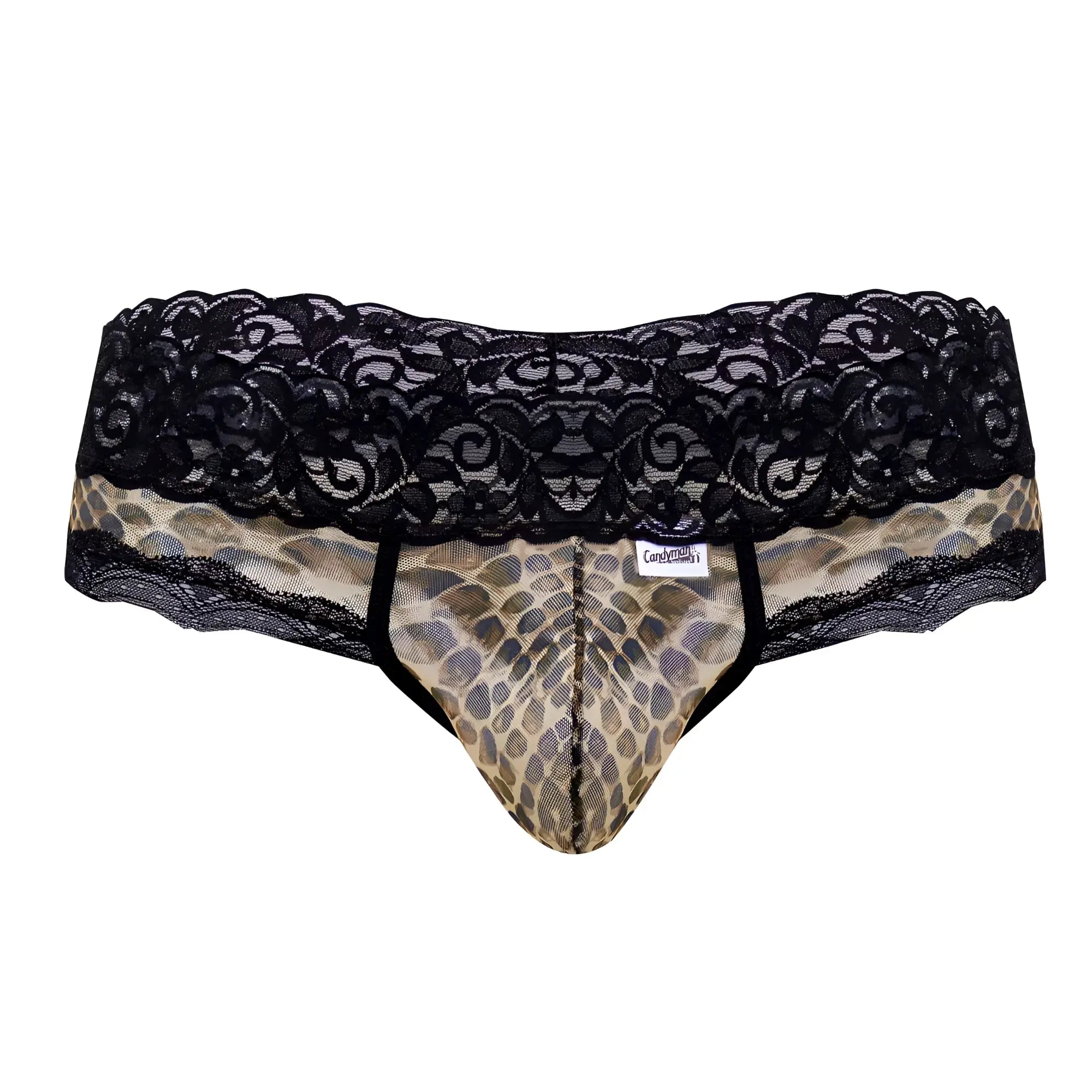 Black lace-trimmed mens briefs with tan and brown snake print front panel by candyman 99596x mesh-lace thong