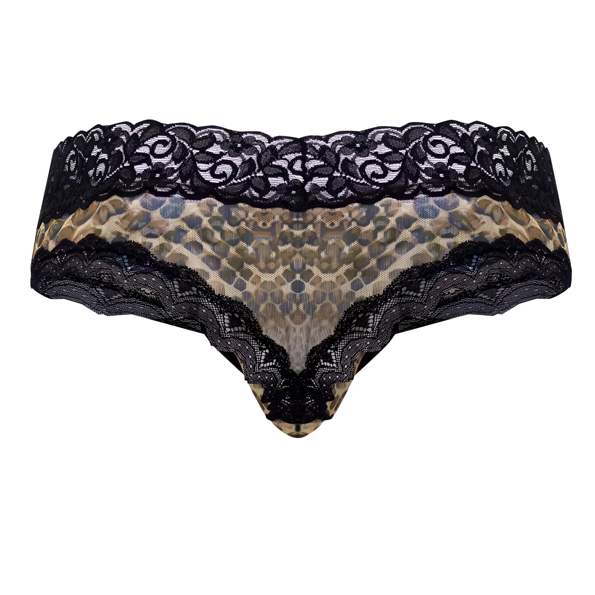 Black lace-trimmed thong with tan and olive green snake print mesh fabric from candyman 99596x collection
