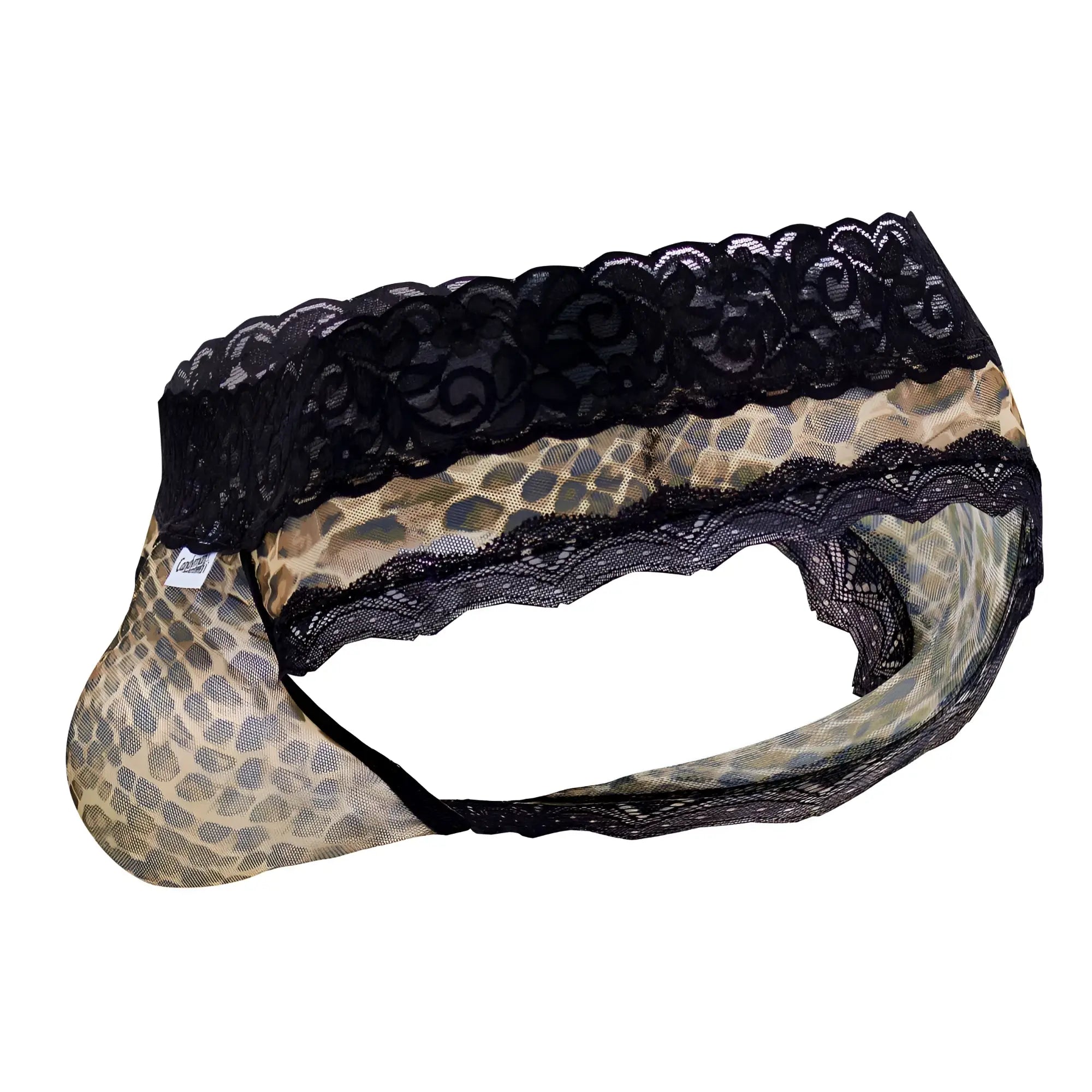 Candyman 99596x mesh lace thongs in leopard print with black lace trim made of sheer mesh fabric