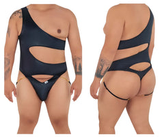 Black CandyMan 99597X one-shoulder bodysuit swimsuit with cut-out and gold chain detailing in sleek fabric