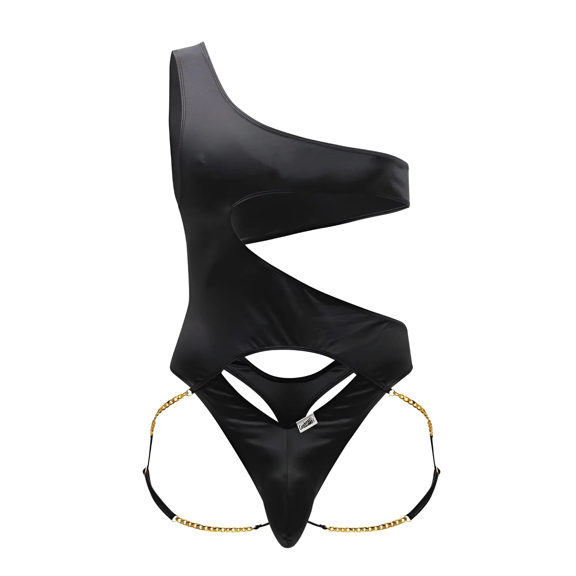 CandyMan 99597X black satin one shoulder swimsuit with gold chain detailing at the hips