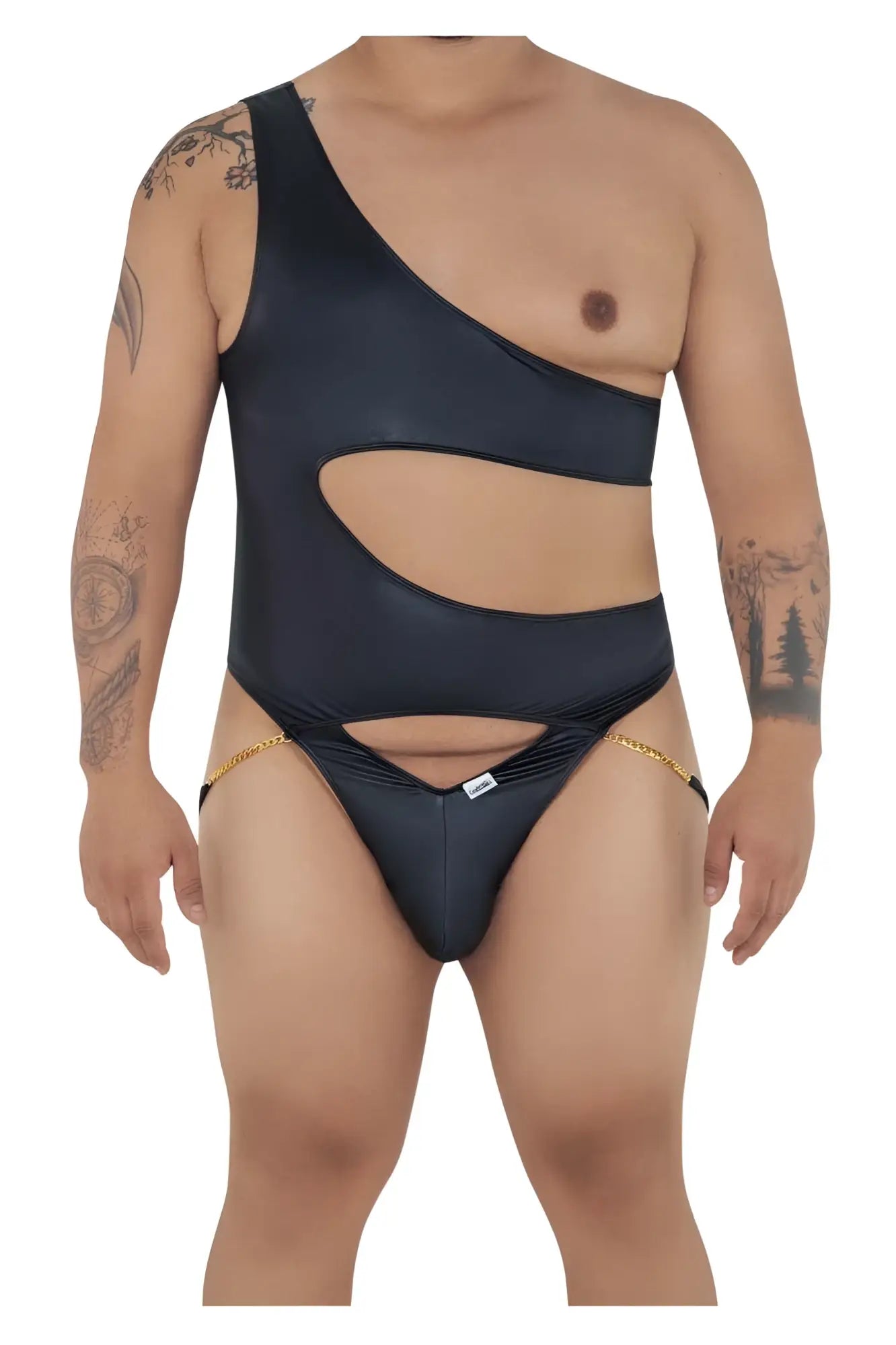 Black candyMan 99597X one shoulder swimsuit with cutout design and gold chain detailing