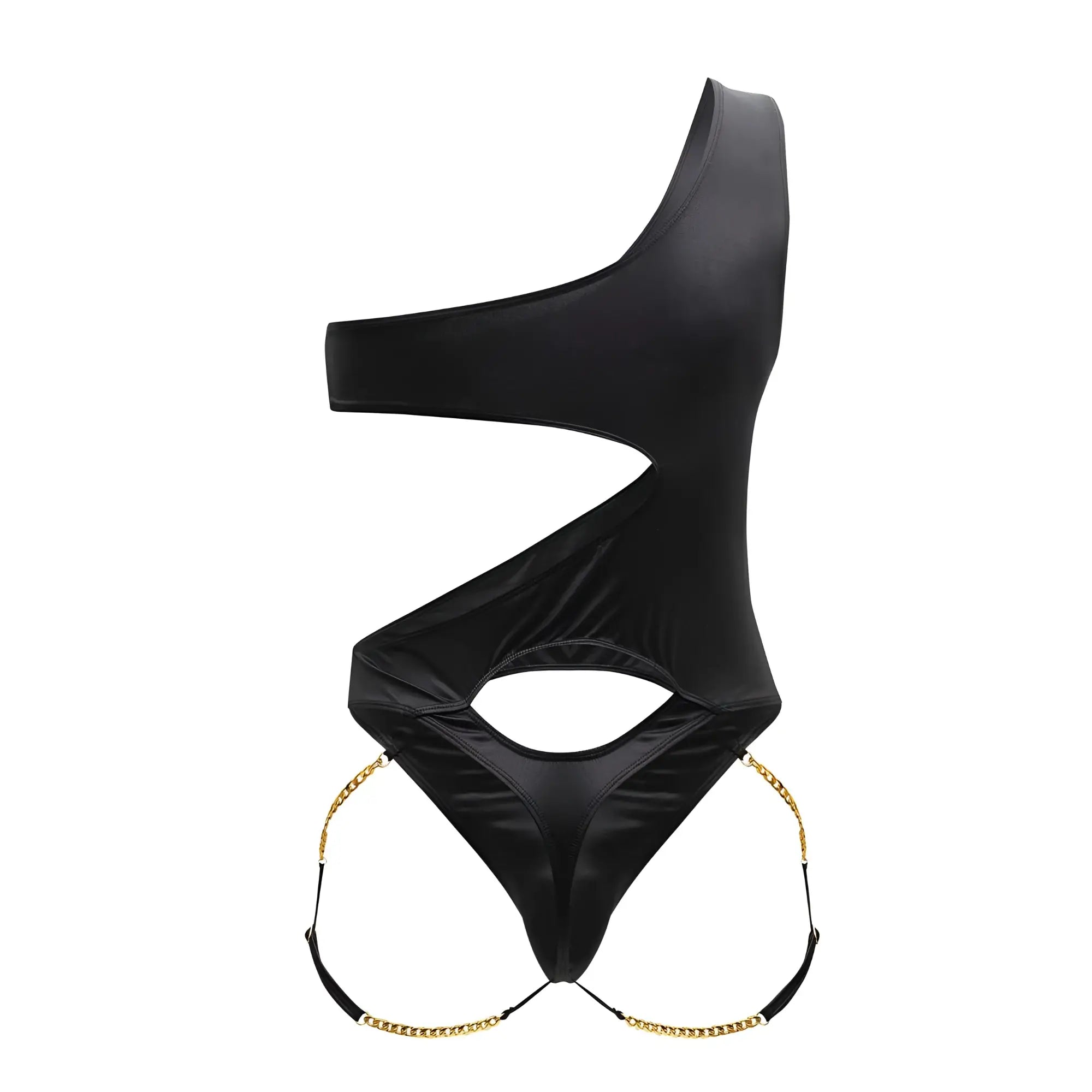 Black candyMan 99597X one shoulder bodysuit with glossy satin finish and gold chain detailing at the hips