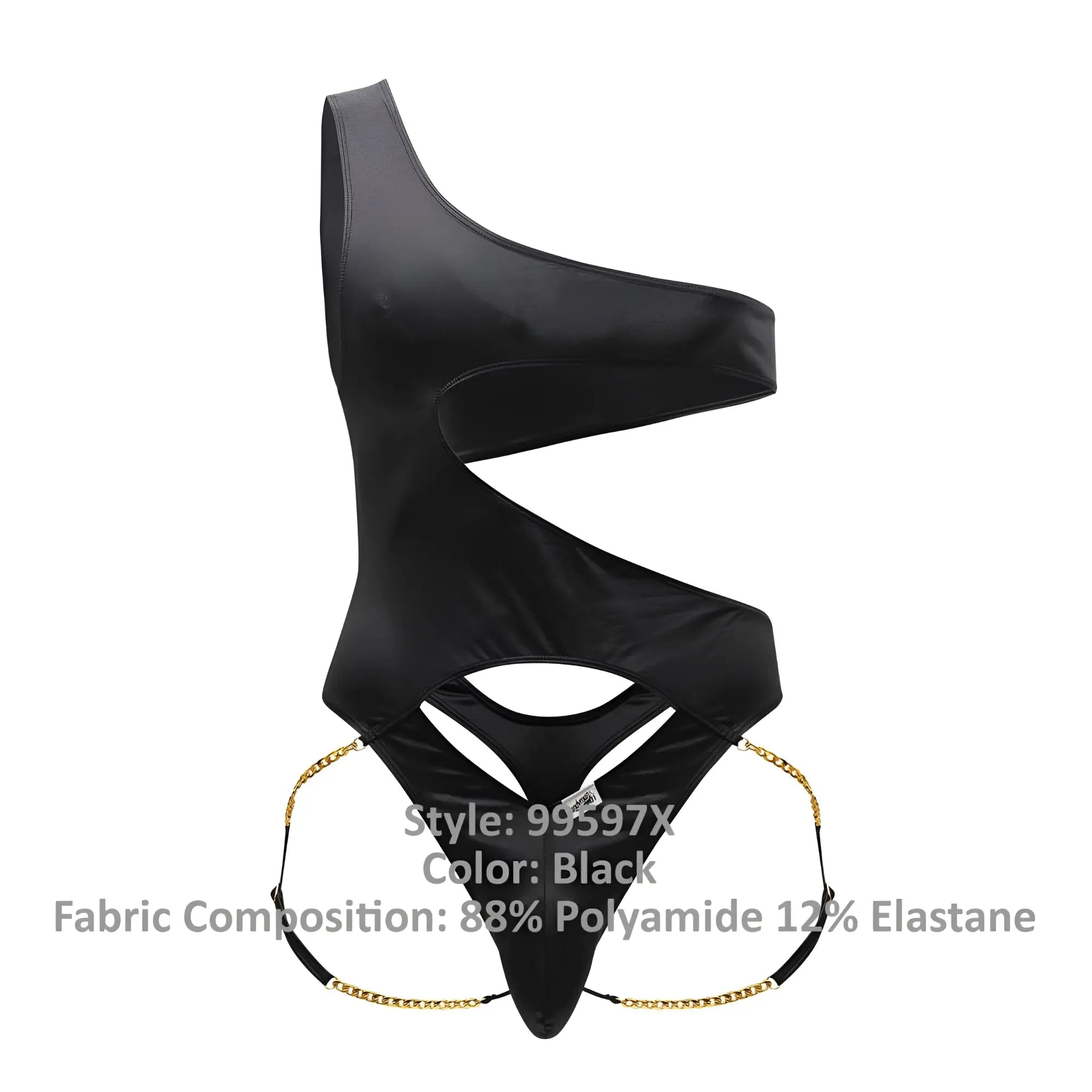 Black CandyMan 99597X one shoulder bodysuit with glossy finish and gold chain detailing at the sides