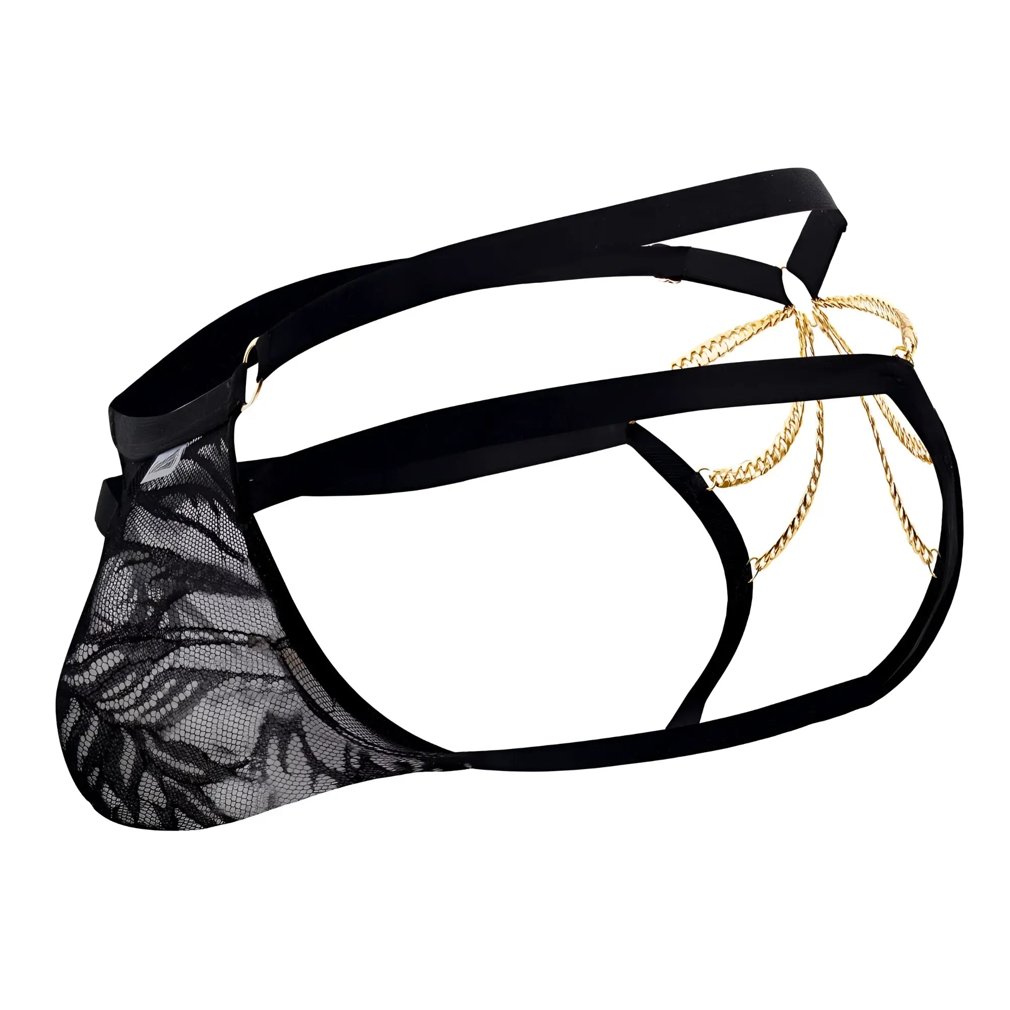 Black lace men’s bikini underwear with gold chain detailing from candyman 99598 in black color