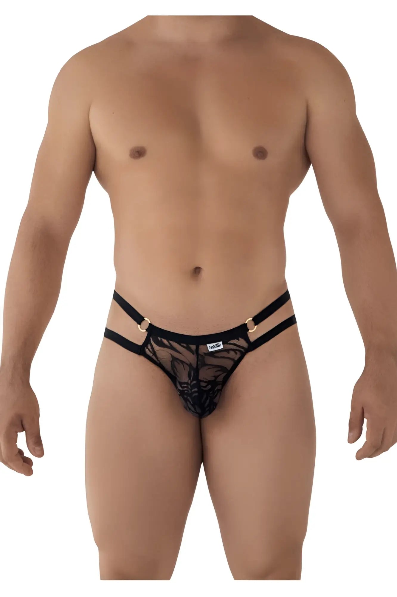 Black lace thong from candyman 99598 lace and chain bikini with floral pattern and adjustable straps in black