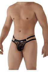 Black lace thong candyMan 99598 with floral pattern and thin adjustable straps in black lace and chain bikini style