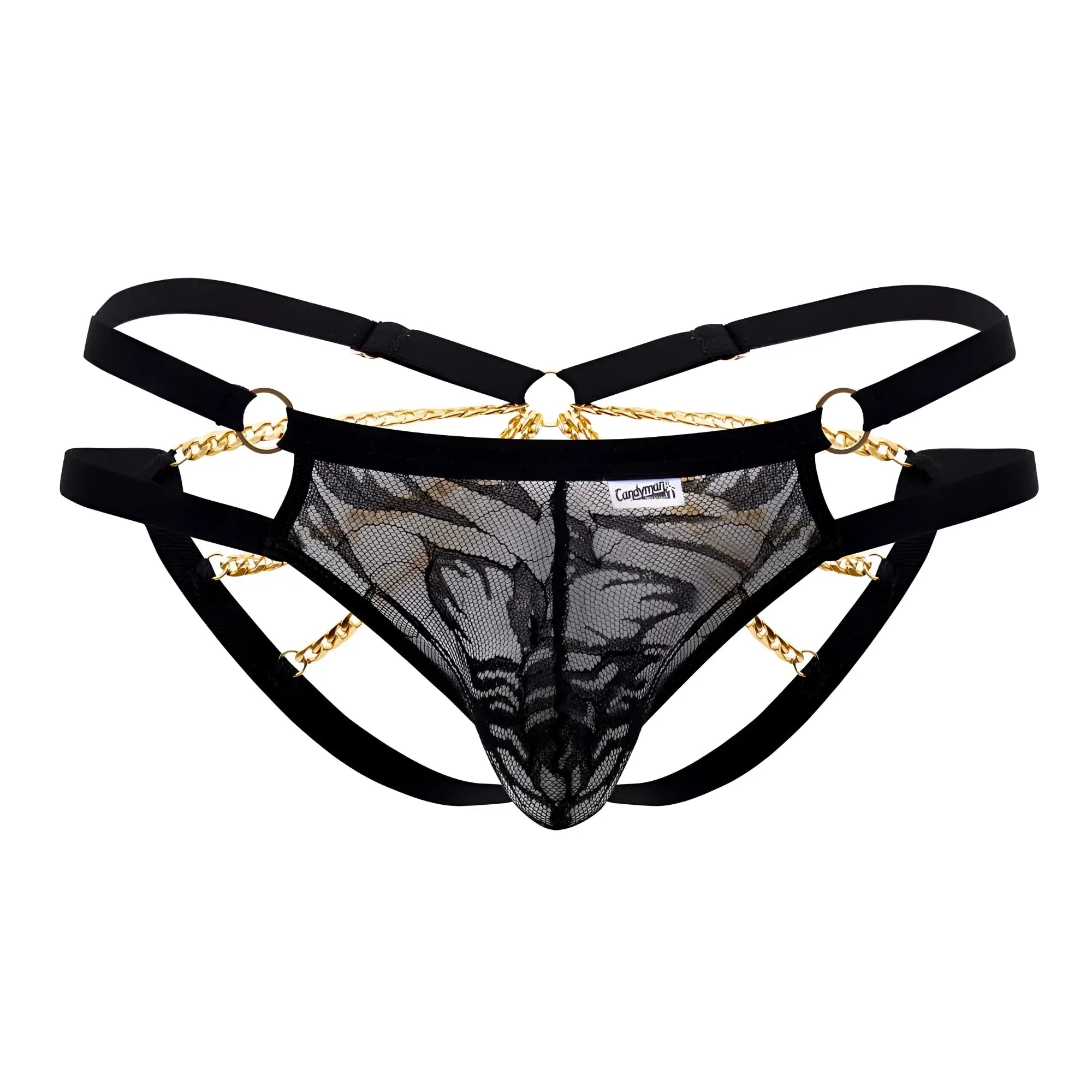 Black lace thong bikini with gold chain detailing and adjustable straps from candy man 99598 in black color