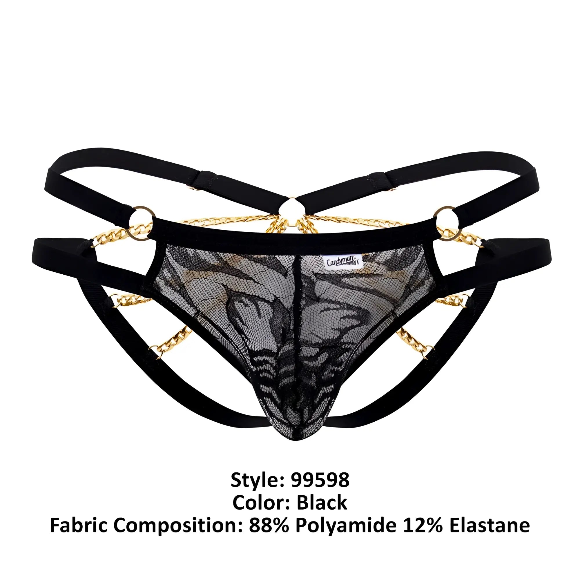 Black lace thong bikini with gold chain detailing and adjustable black straps from candyman 99598 lace and chain collection