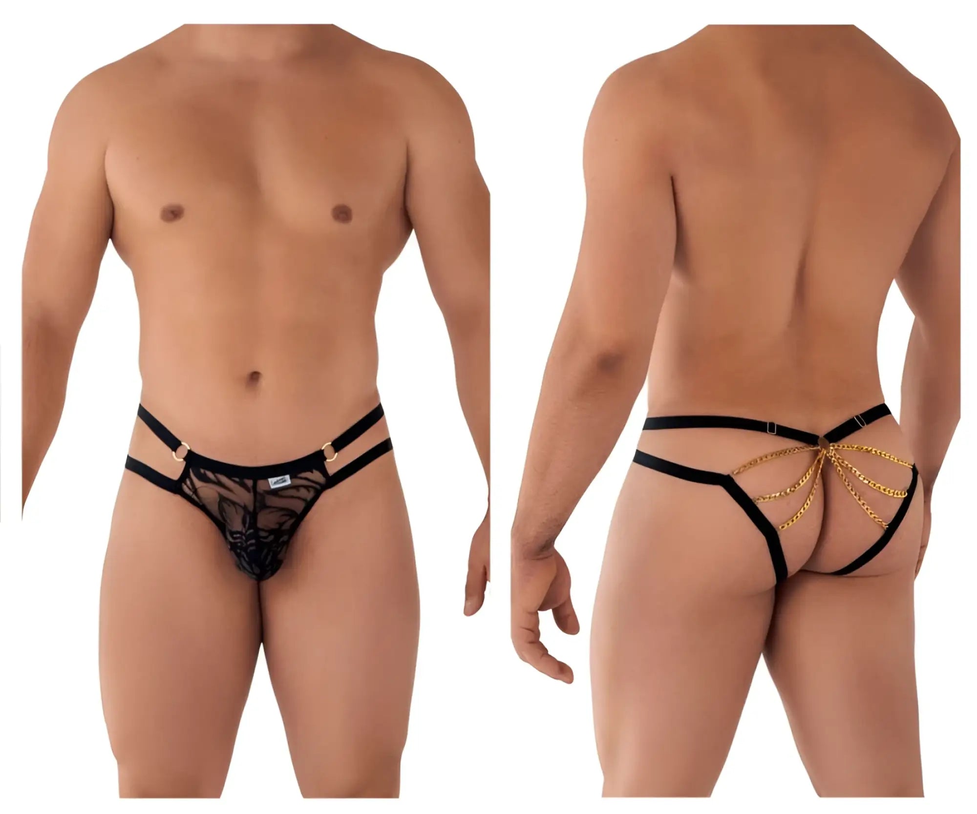 Black lace thong with gold chain detailing and adjustable straps from candyman 99598 lace and chain bikini in black