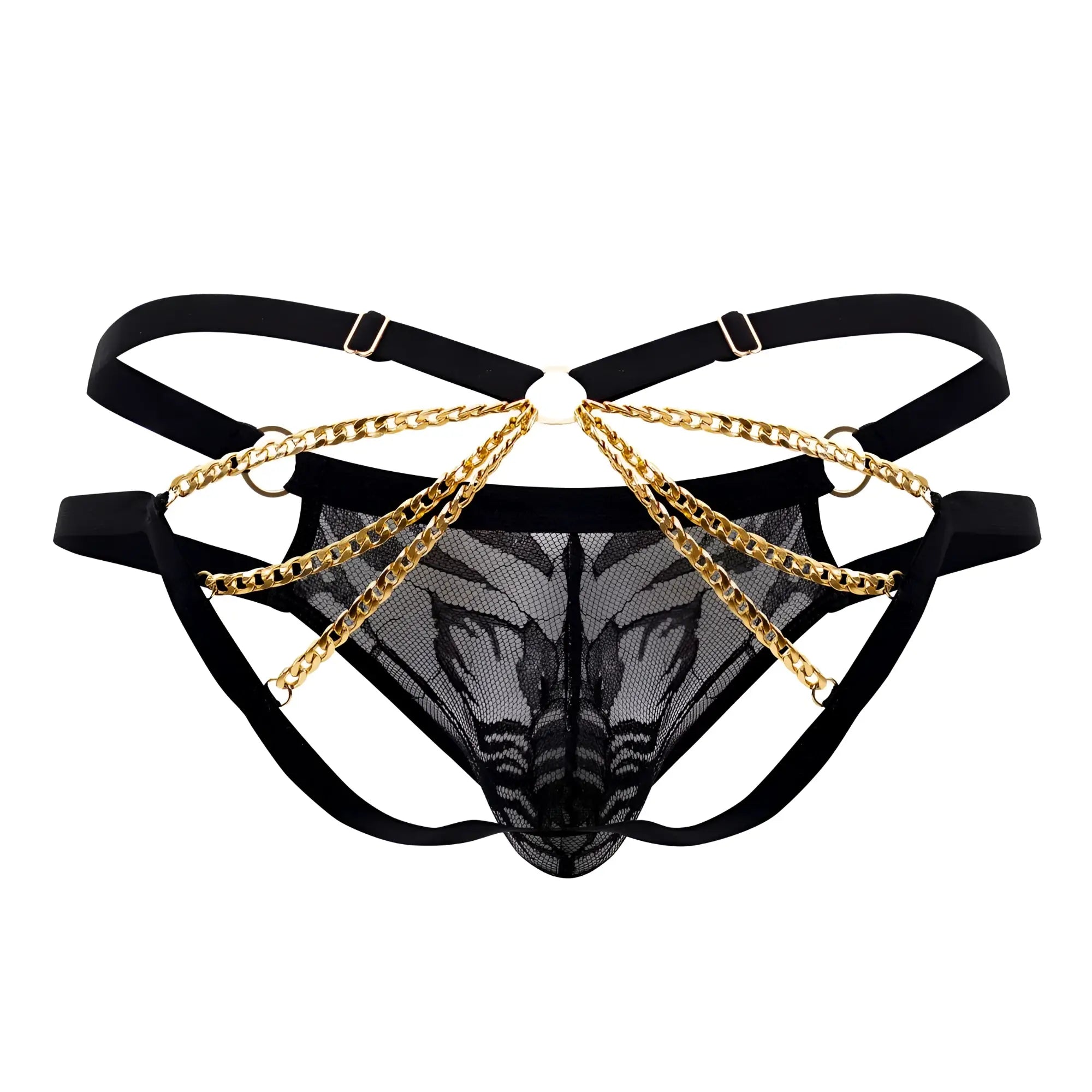 Black lace thong with gold chain detailing and adjustable straps from candyman 99598 lace and chain bikini color black