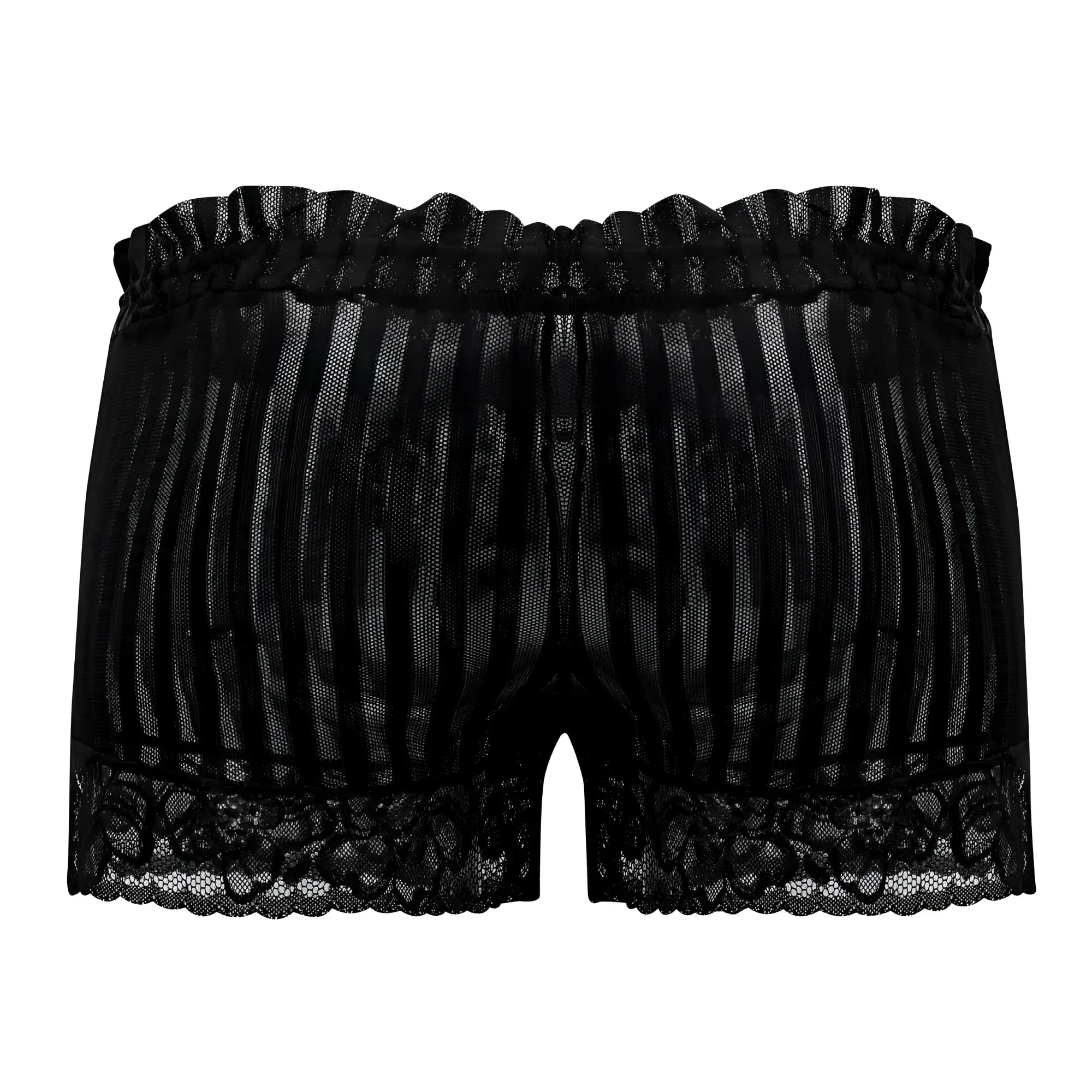 Black lace candyMan 99601X lounge pajama shorts with ruffled elastic waistband and floral trim in black