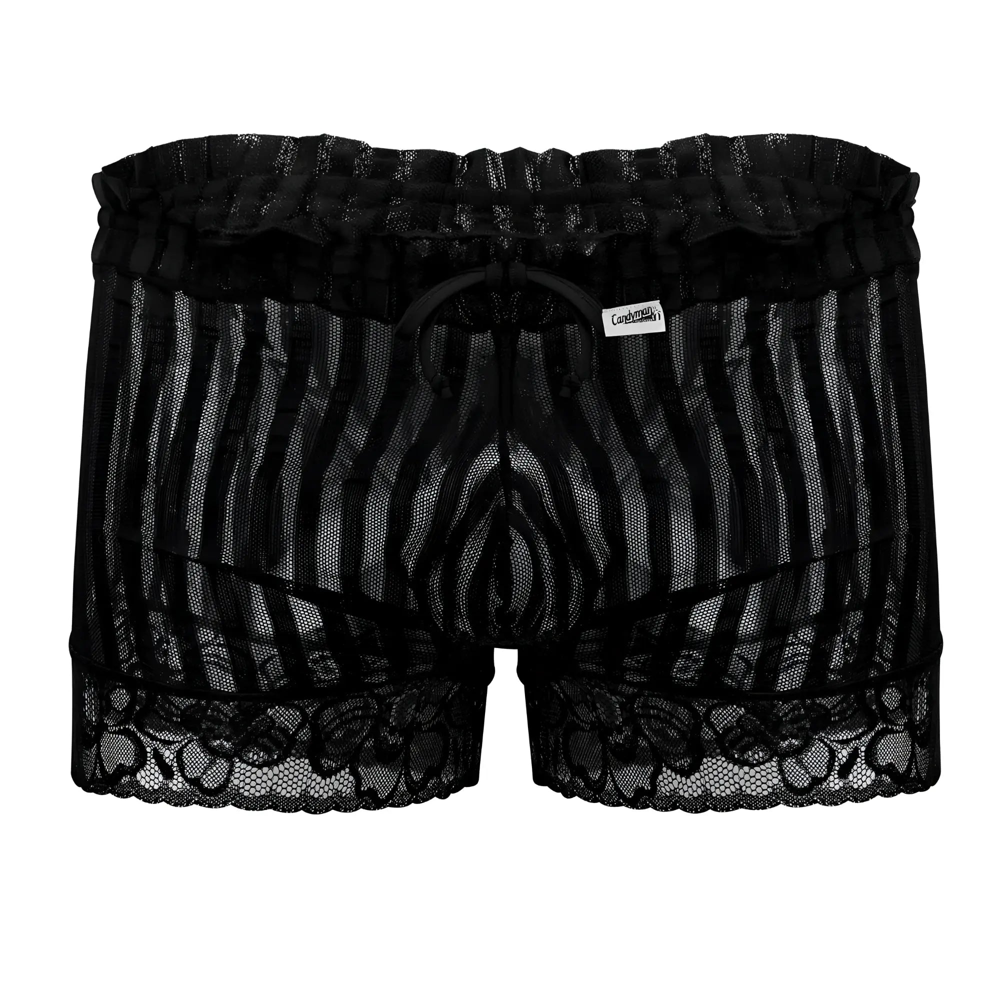 Black candyMan 99601X lounge pajama shorts with lace-trimmed mesh fabric and ruffled elastic waistband with drawstring