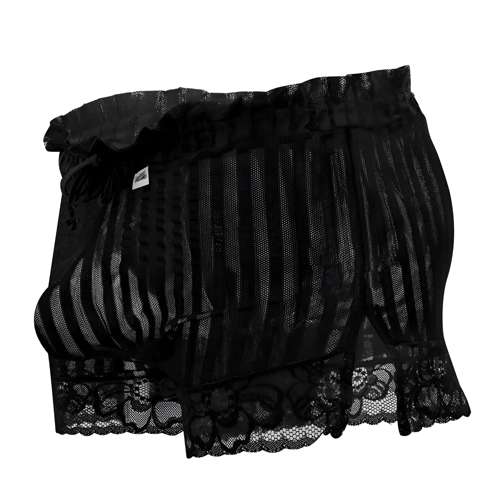 CandyMan 99601X black lounge pajama shorts with black lace-trimmed mesh, ruffled elastic waistband, and vertical stripes