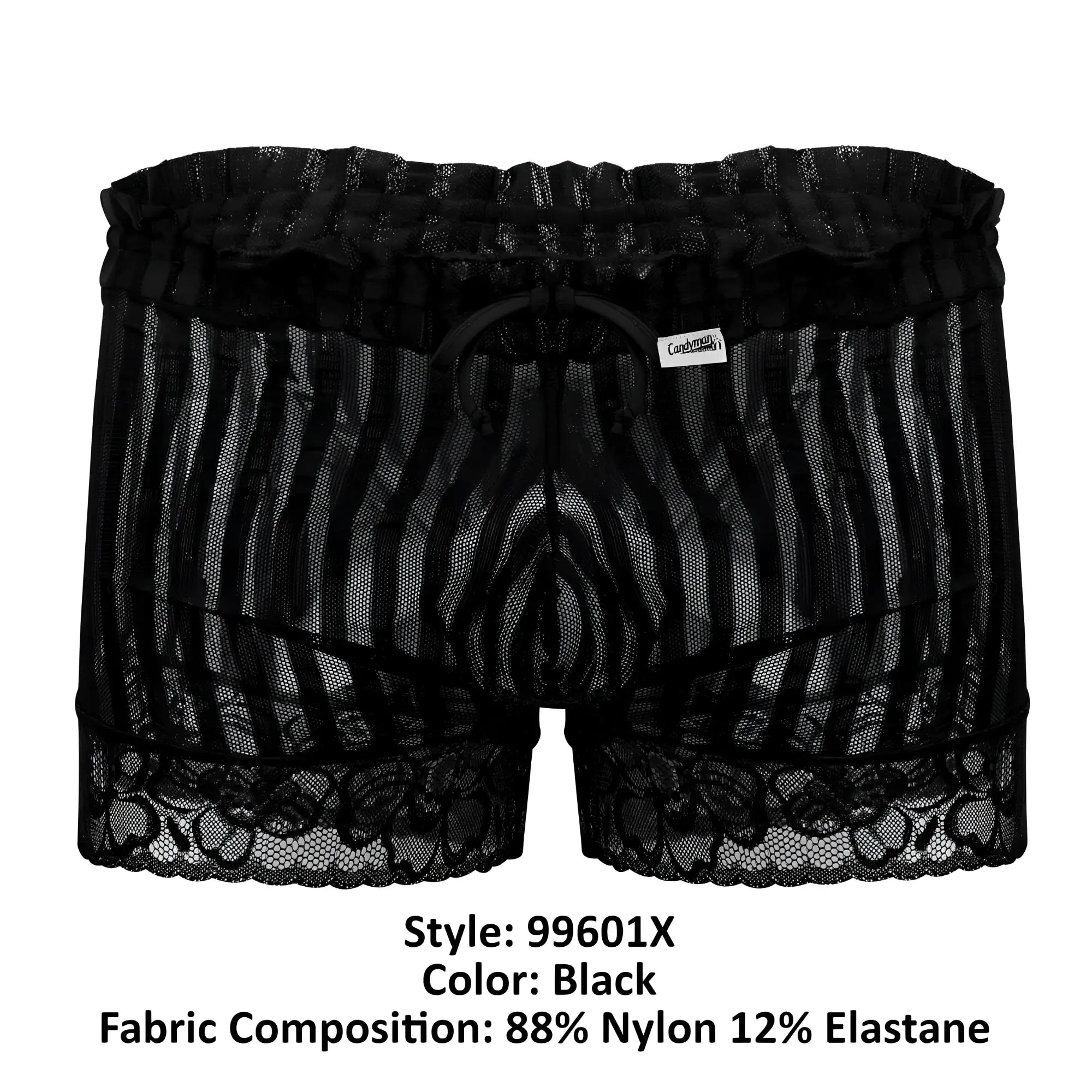 Candyman 99601x lounge pajama shorts black mesh briefs with vertical stripes and black lace trim elastic waistband