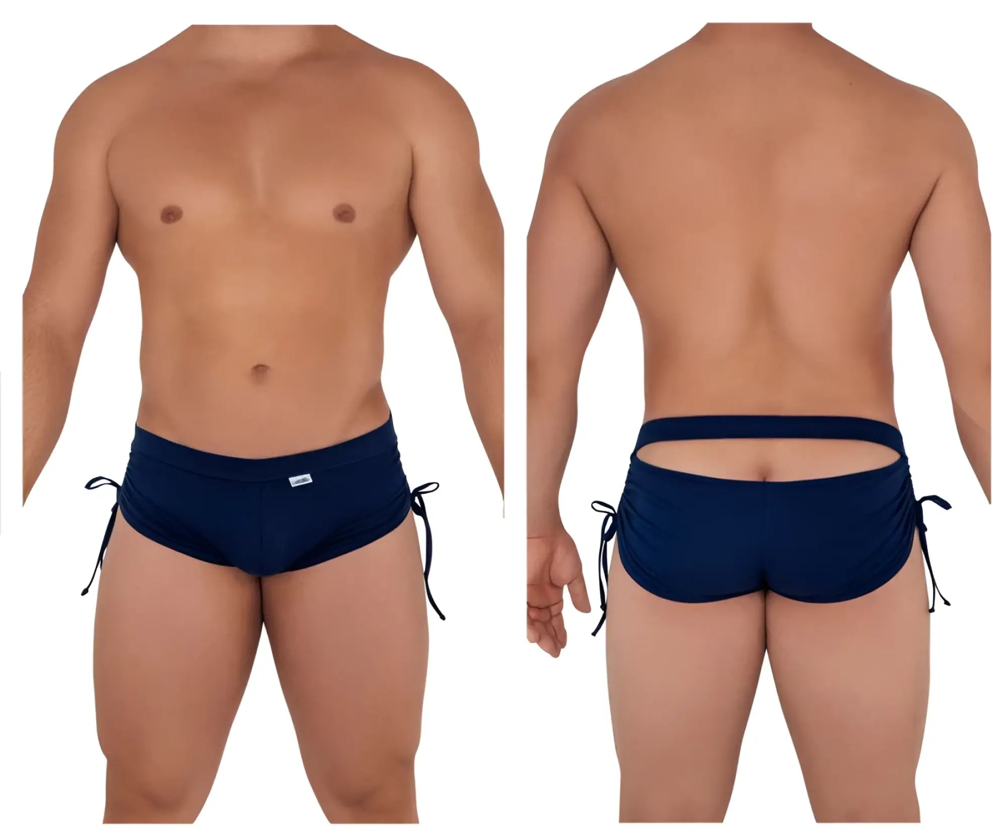 Navy blue Candyman 99602 lounge pajama shorts with side ties and a back cutout design shown from the back