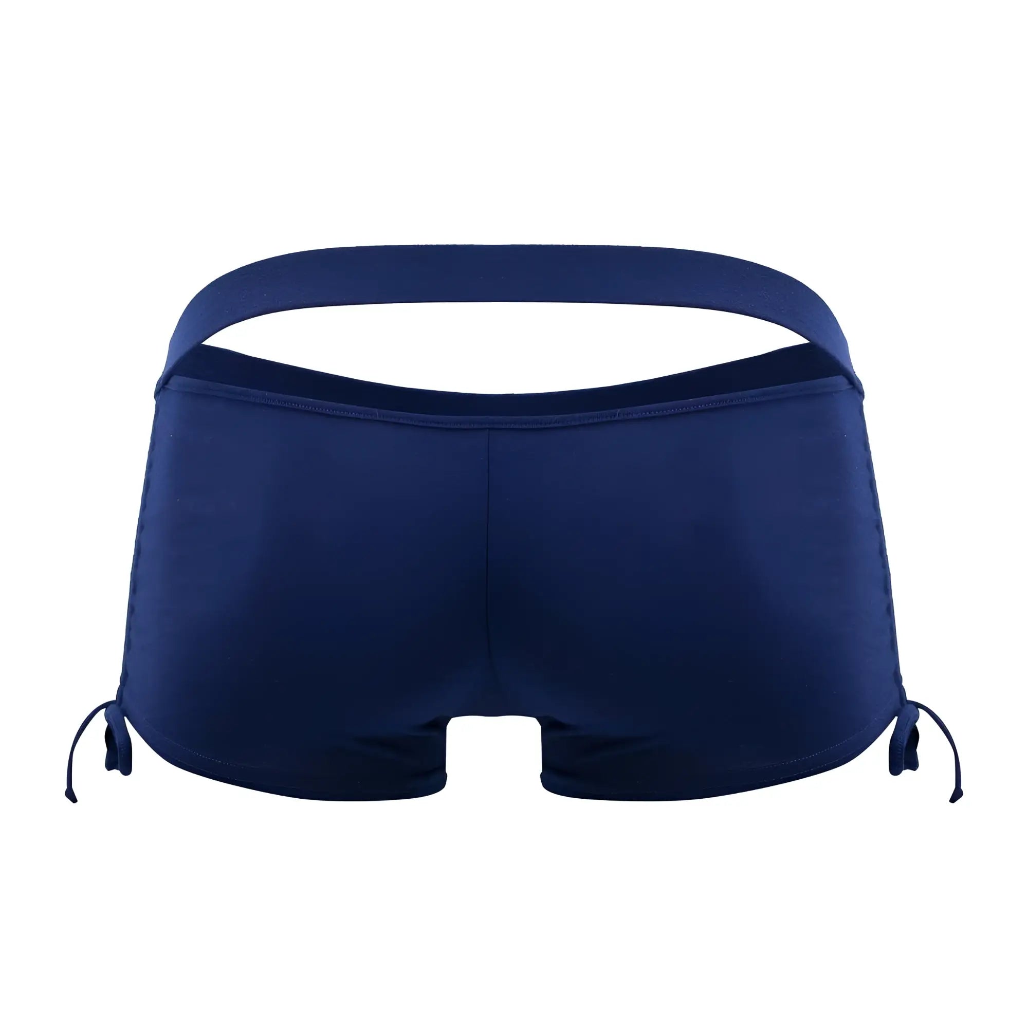 Back view of candyman 99602x navy lounge pajama shorts with cutout back and side ties made from soft fabric