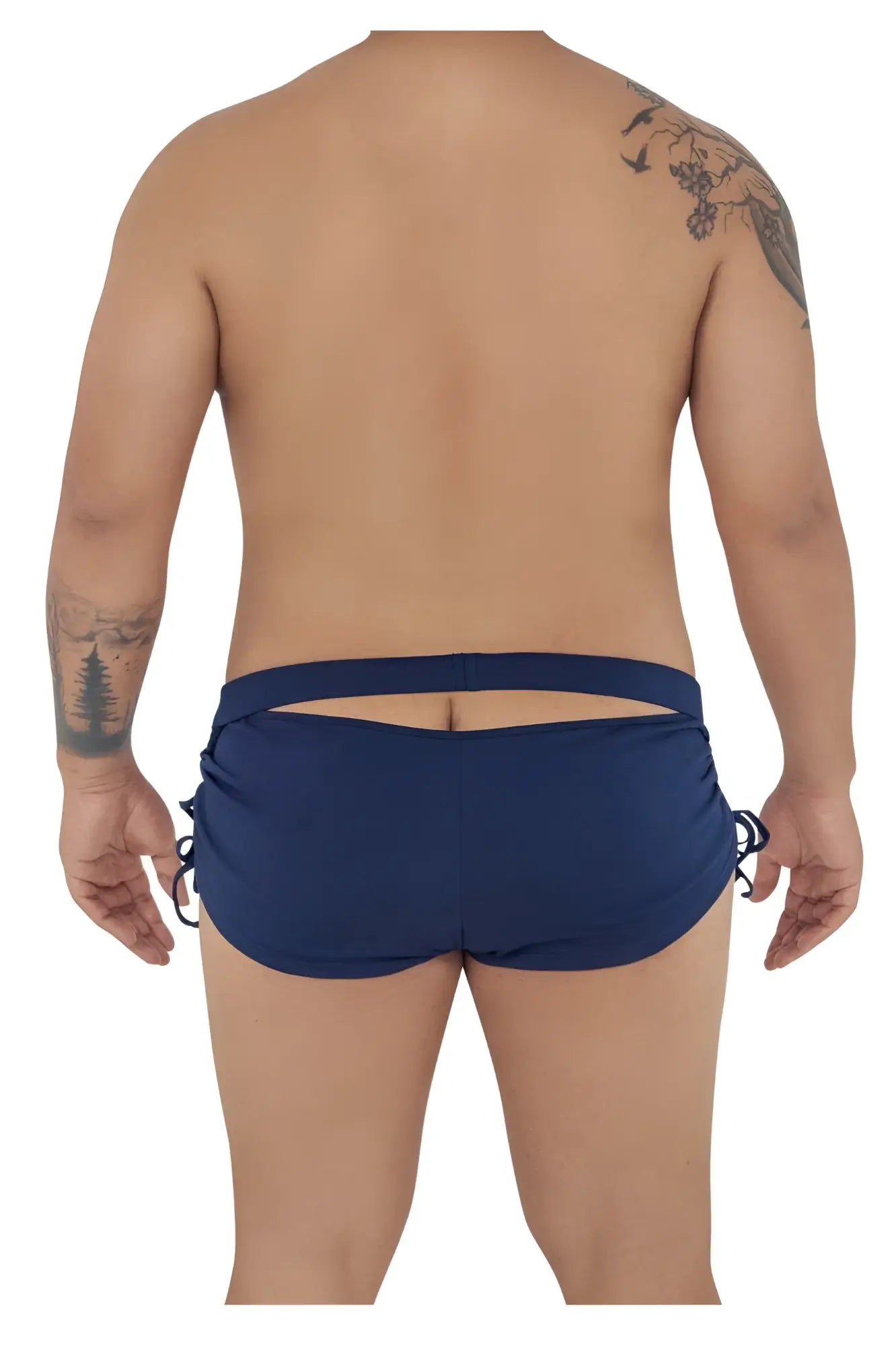 Navy candyMan 99602X lounge pajama shorts with side ties and back cutout shown from the back side view
