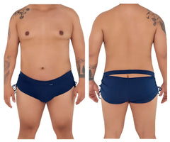 Navy blue CandyMan 99602X lounge pajama shorts with side ties and back cutout design shown from the back side