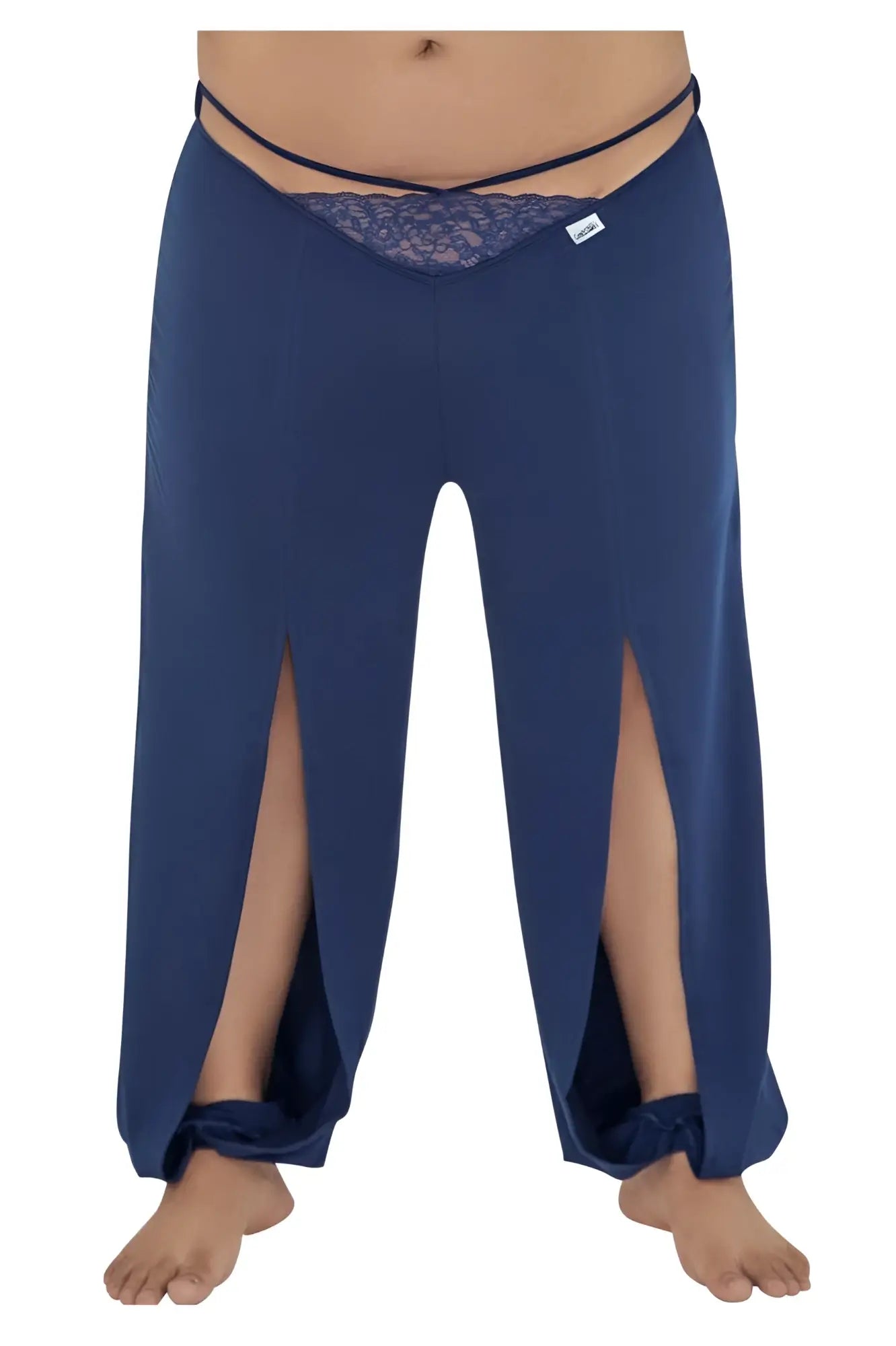 Navy candyMan 99603X lounge pajama pants with wide-leg cut lace trim waistband and tied cuffs