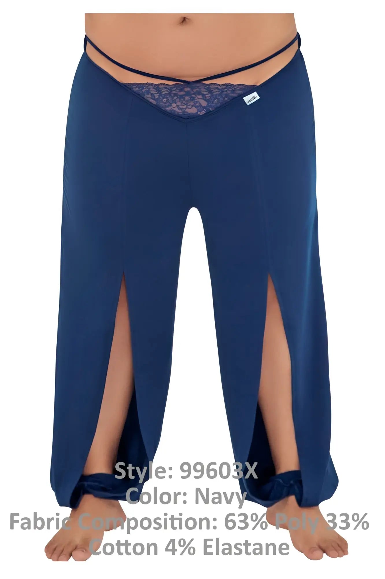 CandyMan 99603X navy wide-leg lounge pajama pants with lace trim waistband side slits polyester cotton elastane blend