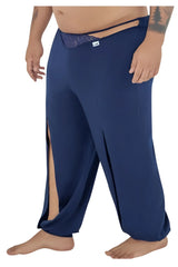 Navy wide-leg CandyMan 99603X lounge pajama pants with lace trim at the waistband and side slits