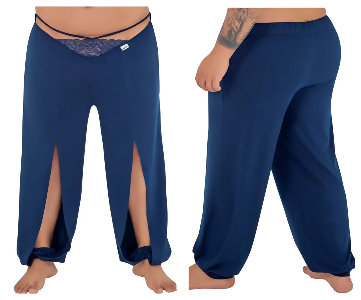 Navy candy man 99603x wide-leg lounge pajama pants with lace trim waistband and side slits