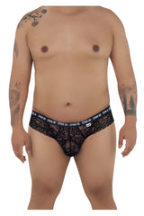 Black lace men’s briefs with spank me waistband by candyman 99615x in black, shown from the back side