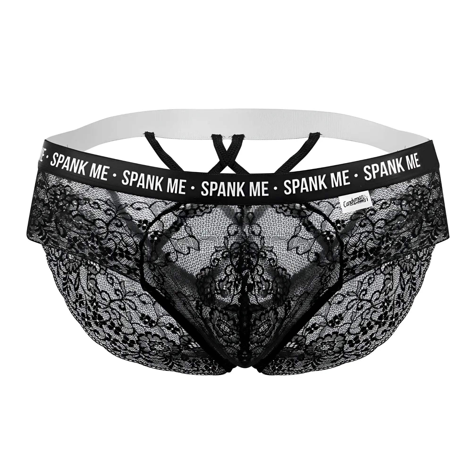Black lace men’s briefs with white elastic waistband and spank me print from candyman 99615x collection