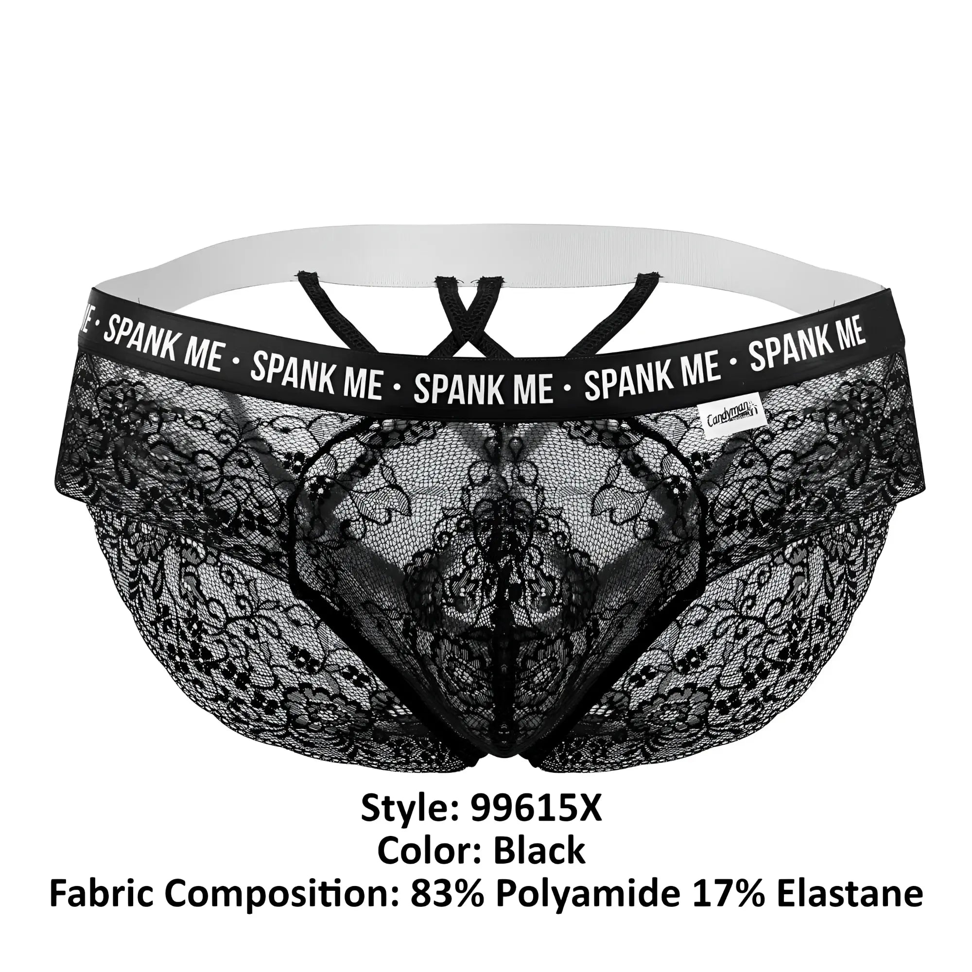 Black lace CandyMan 99615X spank me briefs with white elastic waistband and black trim branding front view
