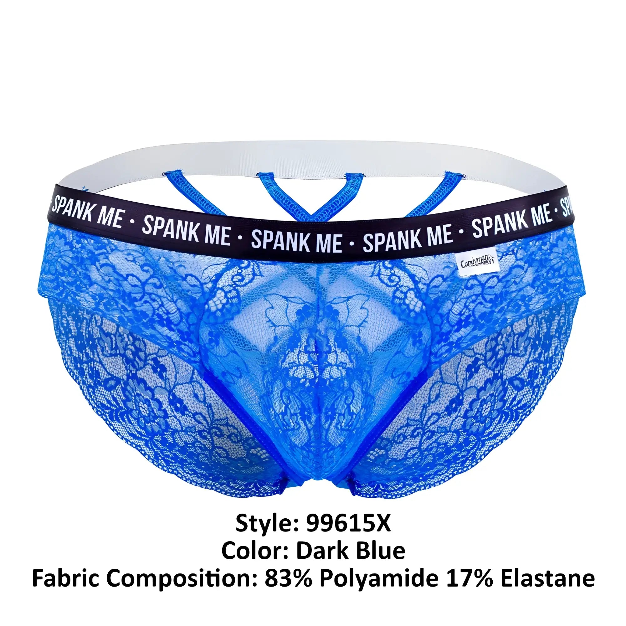 Dark blue candyMan 99615X lace briefs with white elastic waistband and spank me branding on the band