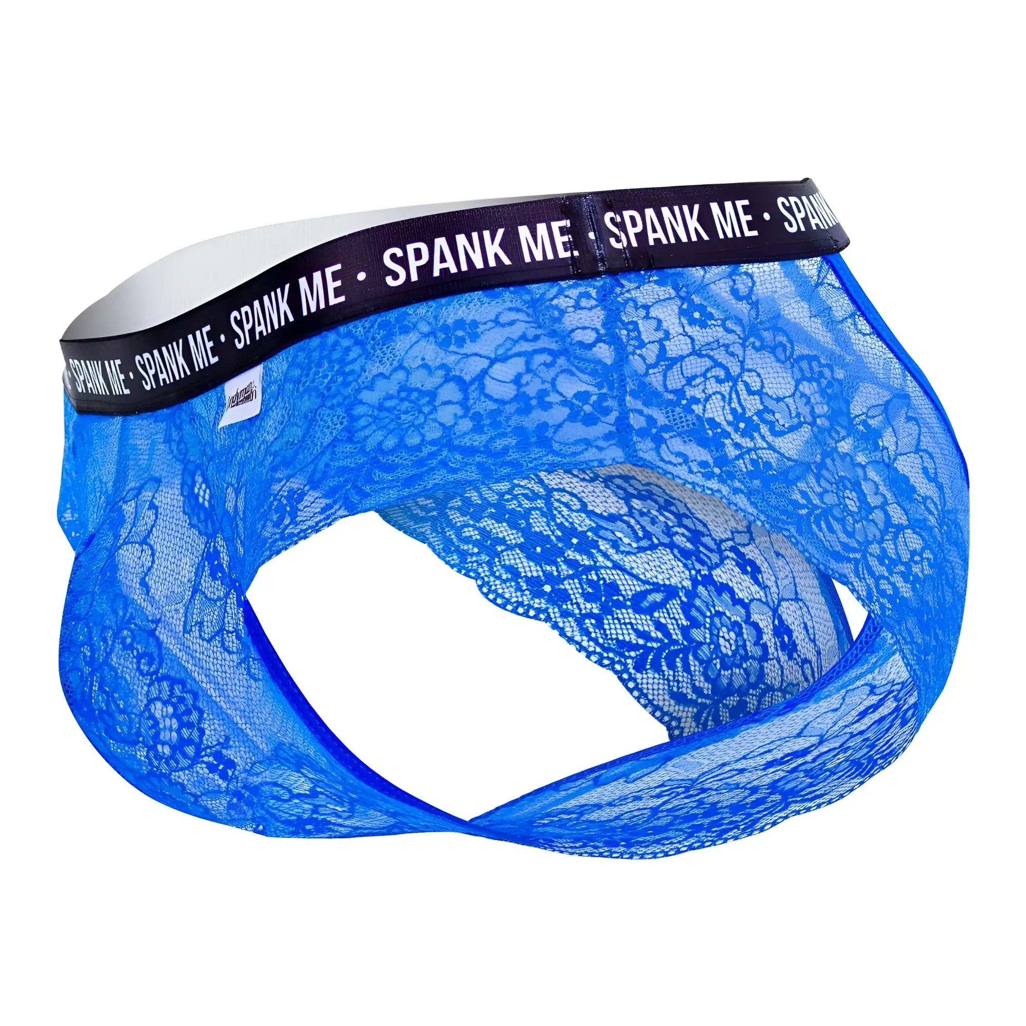 Dark blue candyman 99615x spank me lace briefs with black waistband featuring spank me text