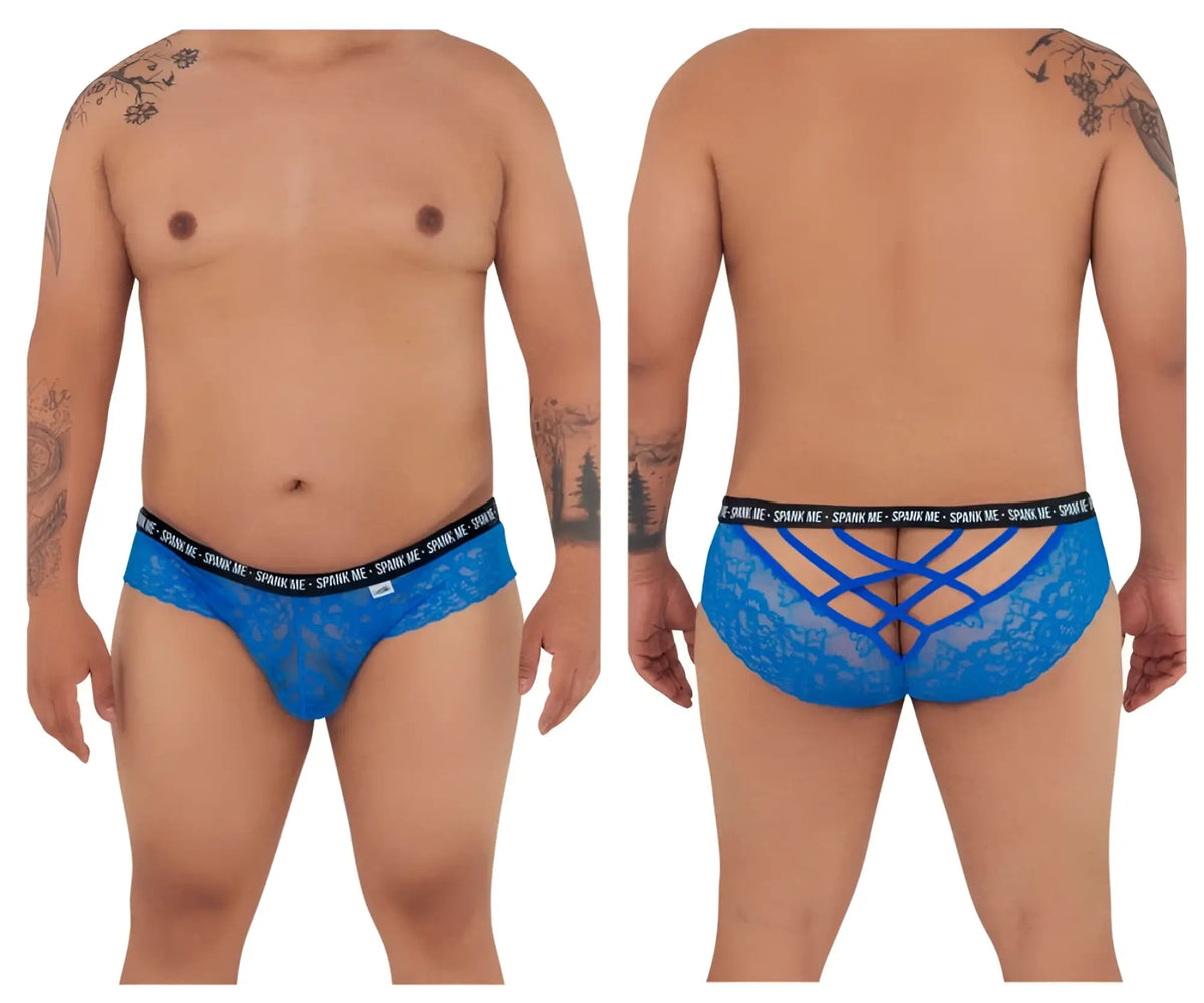 Dark blue candyman 99615x spank me lace briefs with crisscross back and black elastic waistband branding