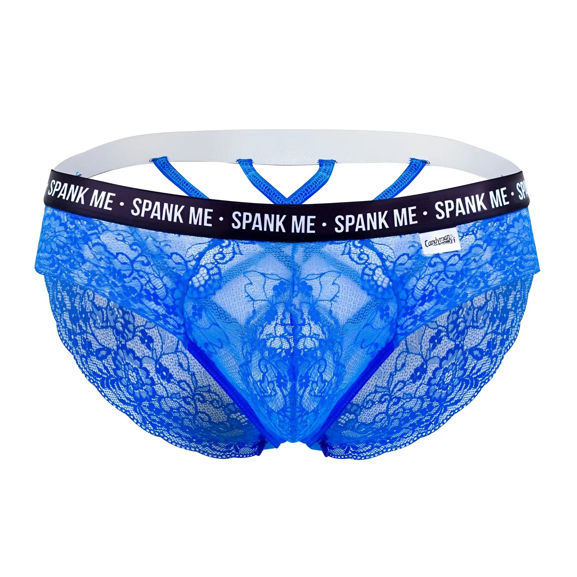CandyMan 99615X spank me lace briefs in dark blue with white elastic waistband and black trim branding