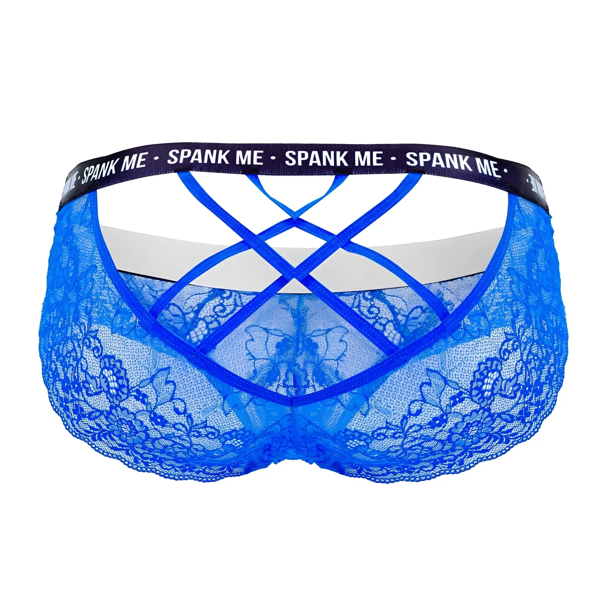 Blue lace thong briefs with crisscross back design and black waistband featuring spank me logo by candyman