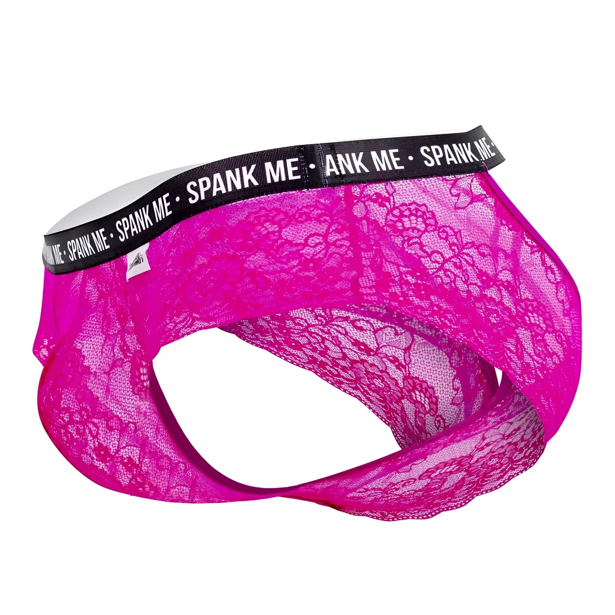 Fuchsia lace men’s briefs with black elastic waistband featuring spank me logo by Candyman 99615X in pink