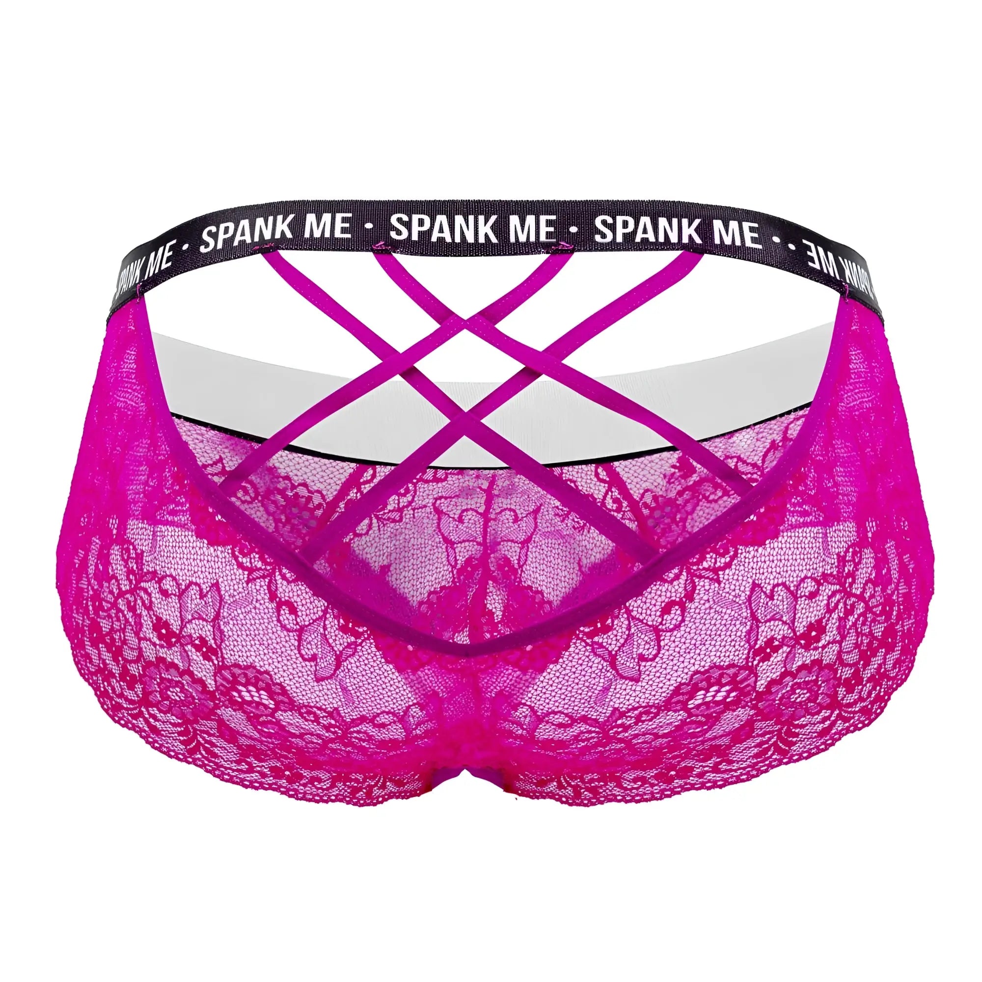 Back side of fuchsia candy man 99615x spank me lace thong with crisscross straps and black waistband text