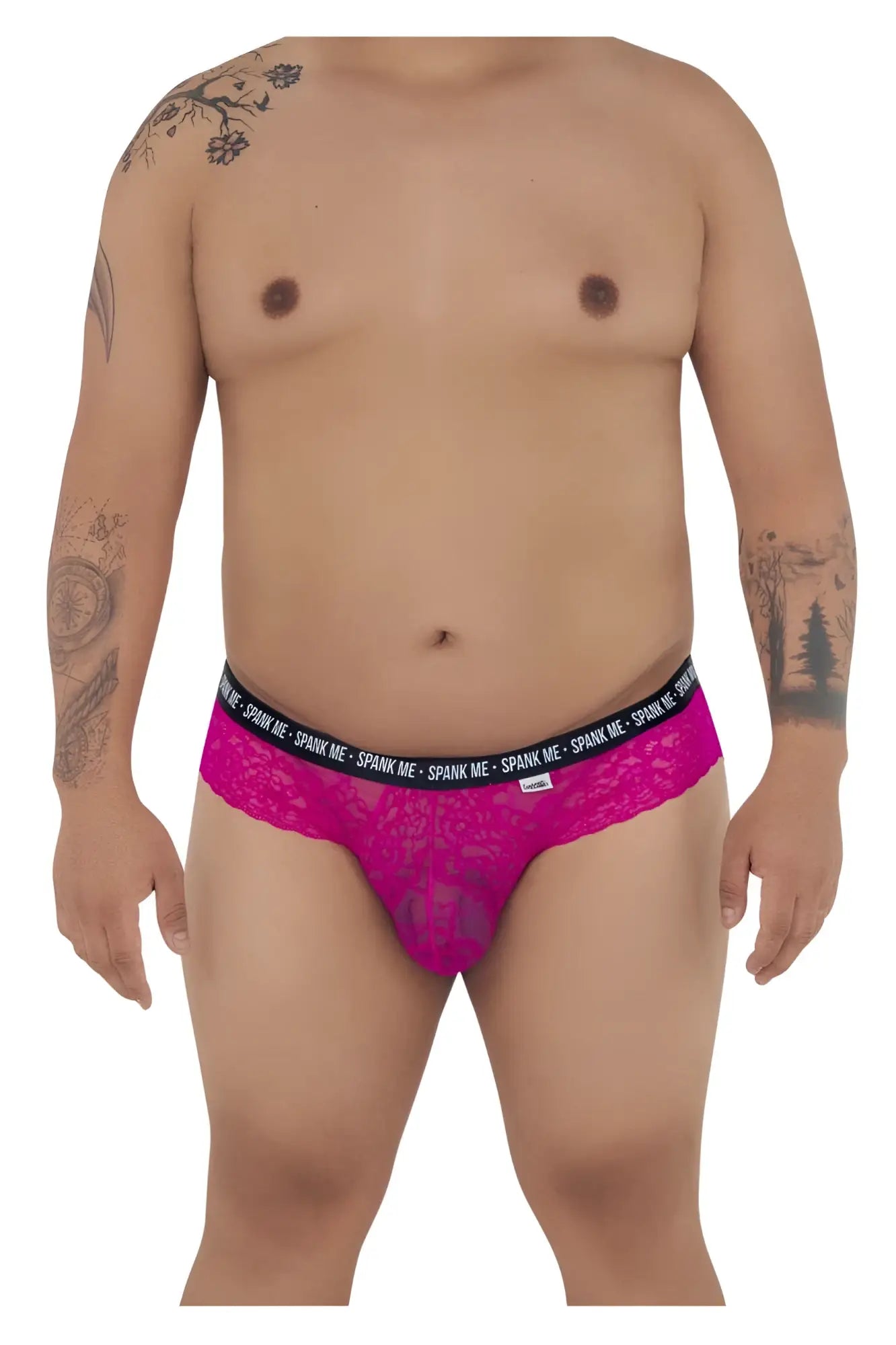 Vibrant fuchsia lace thong with black elastic waistband featuring spank me logo candyMan 99615X lace briefs pink