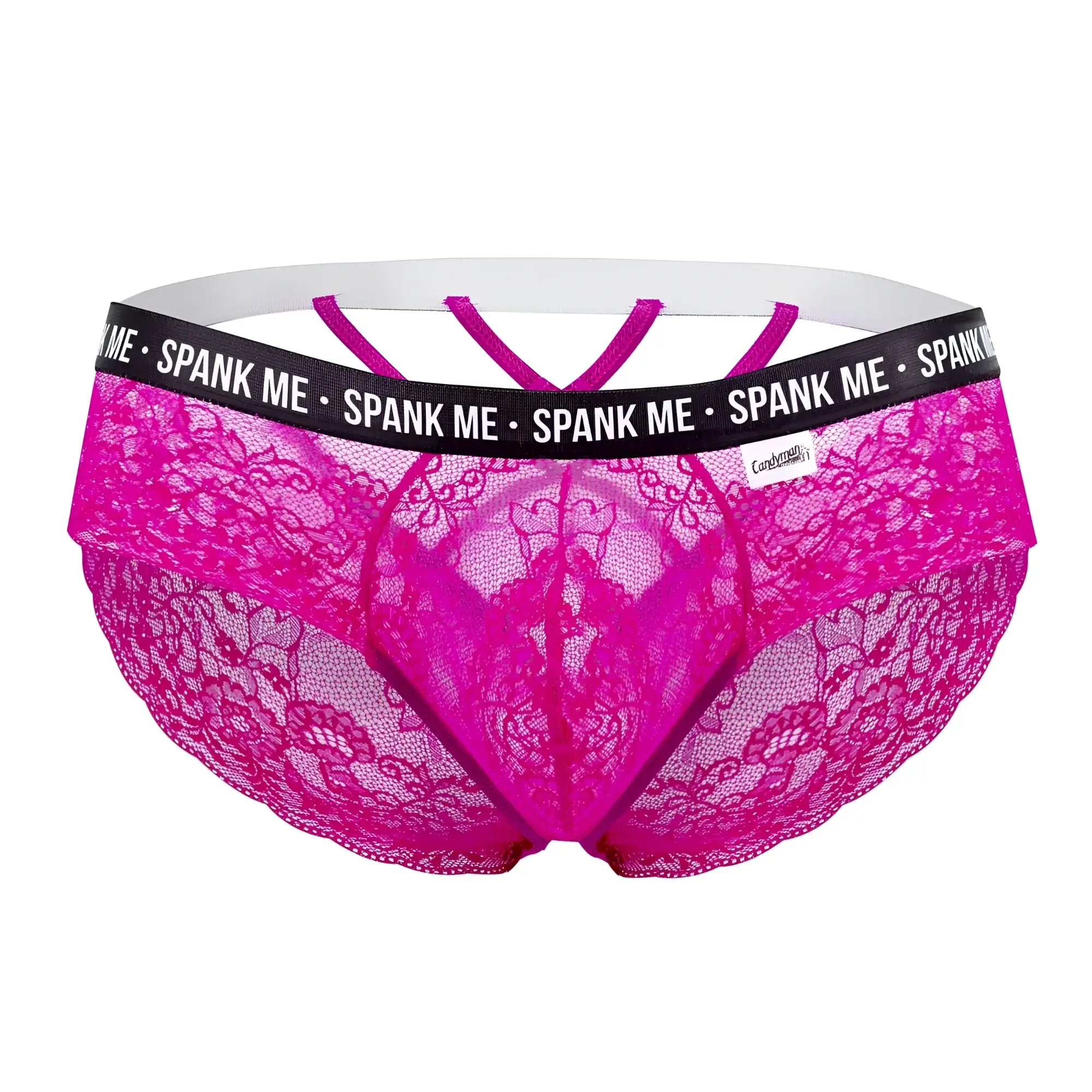 Vibrant pink Candyman 99615X spank me lace thong with black elastic waistband and white crisscross straps