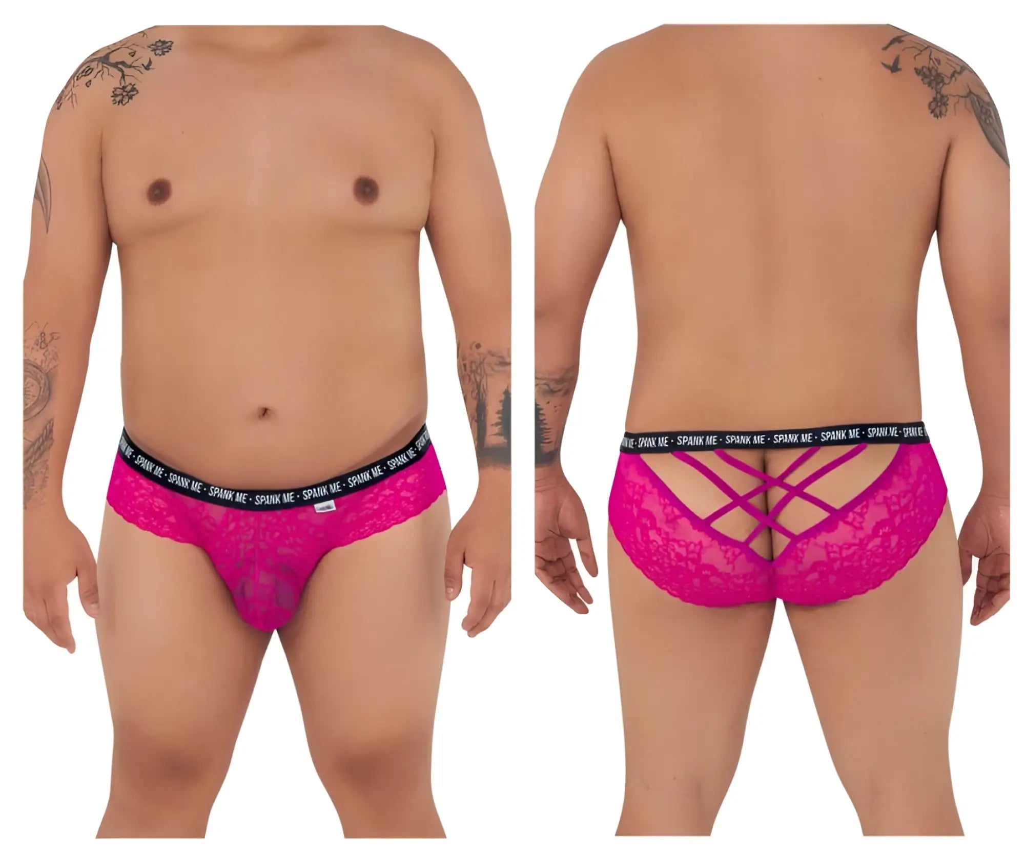 Vibrant pink Candyman 99615X lace men’s briefs with black elastic waistband featuring spank me text repeated