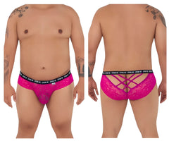 Vibrant pink Candyman 99615X lace men’s briefs with black elastic waistband featuring spank me text repeated