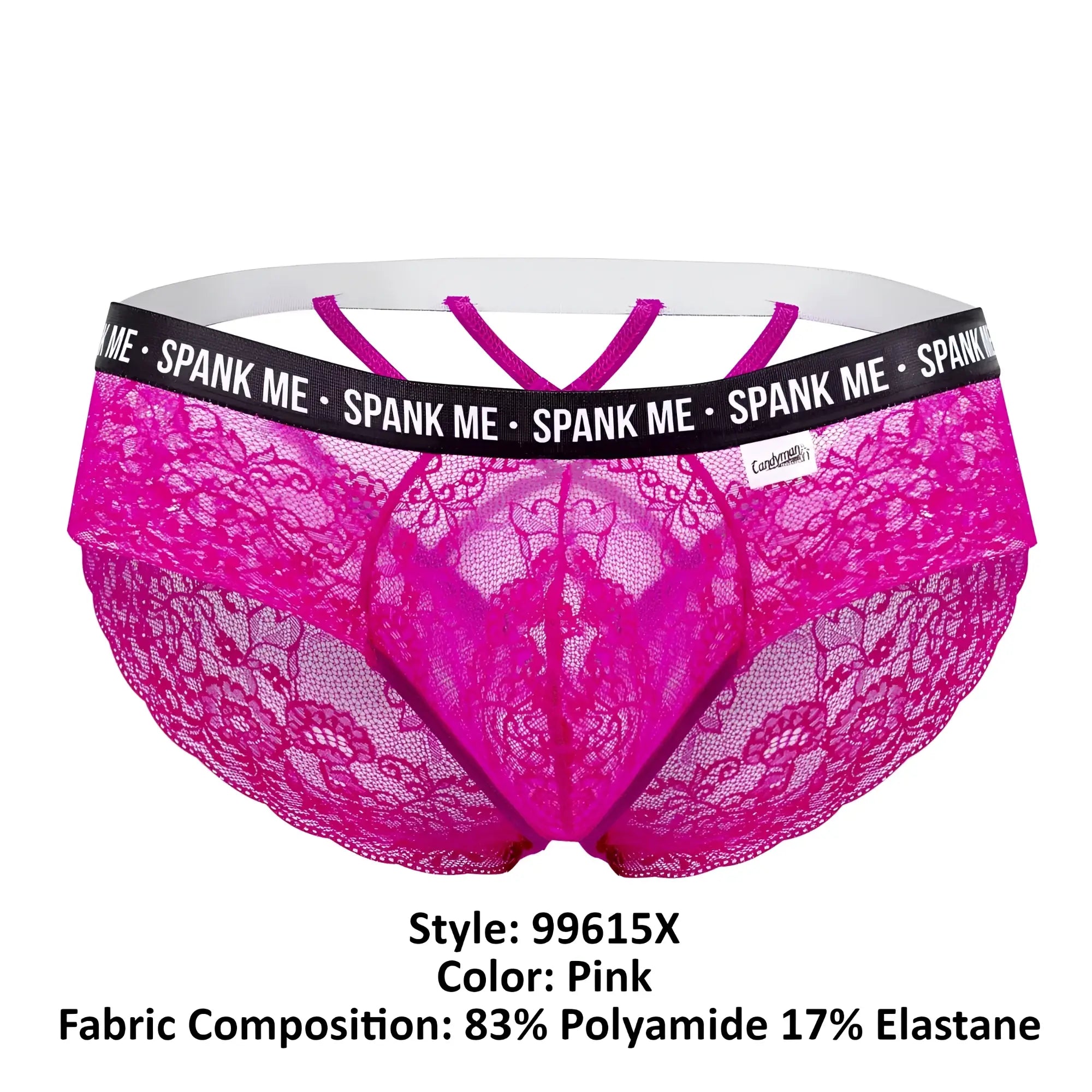 Vibrant pink candyMan 99615X spank me lace thong with black waistband and white elastic trim in back view