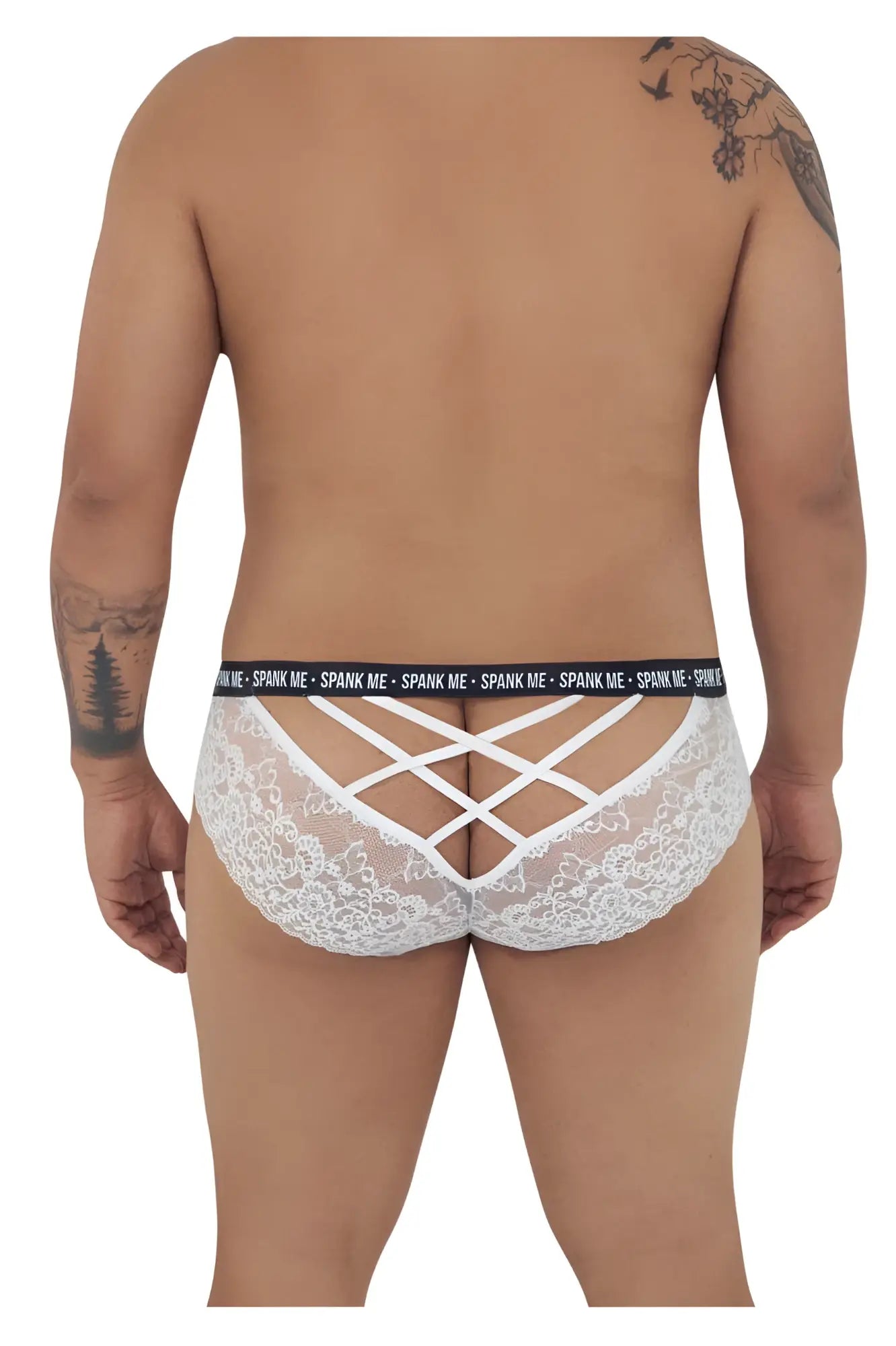 Back view of candyman 99615x spank me white lace briefs with crisscross design and black waistband with text spank me