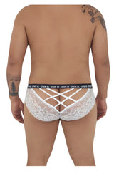 Back view of candyman 99615x spank me white lace briefs with crisscross design and black waistband with text spank me