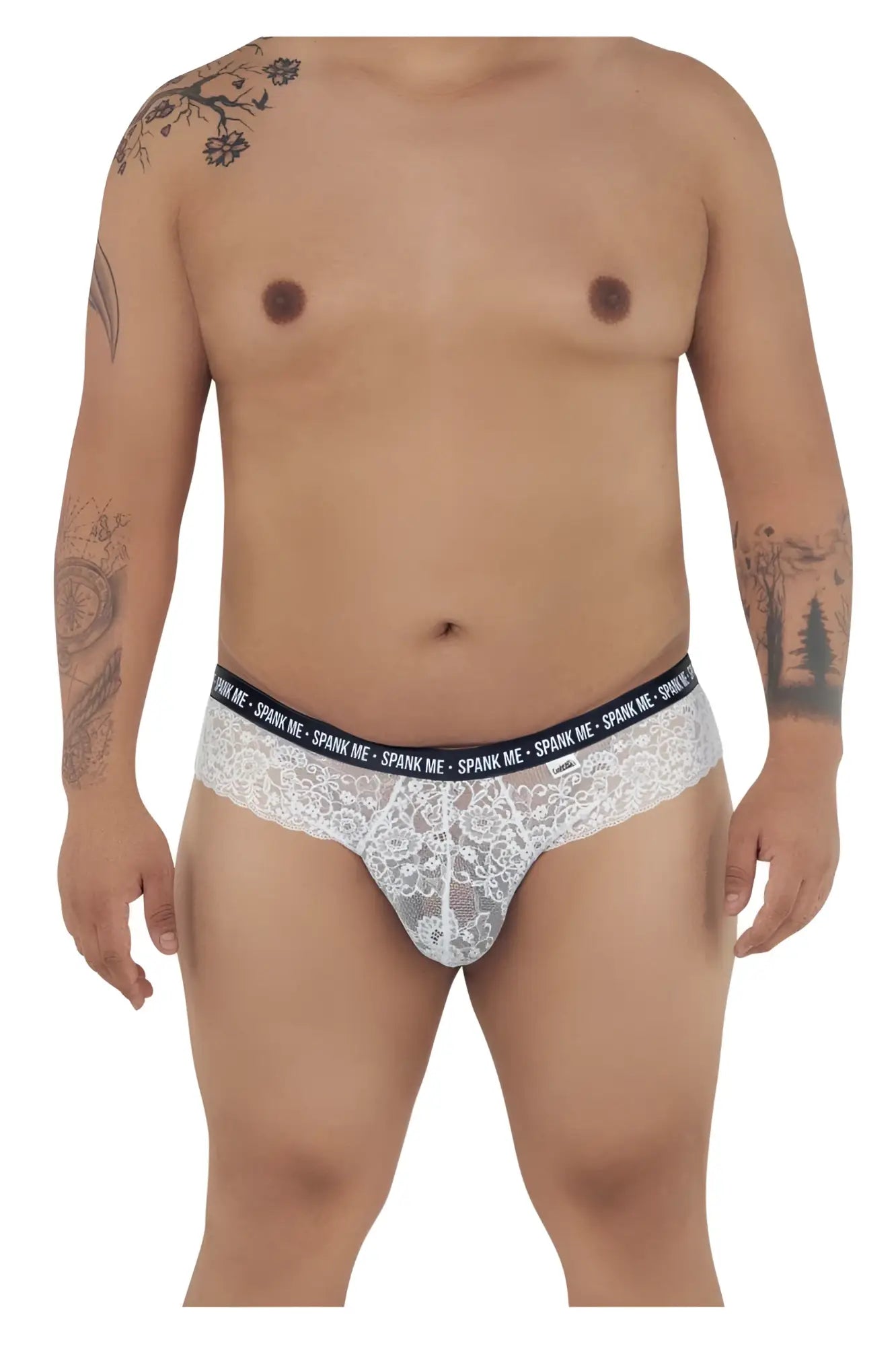 White lace CandyMan 99615X spank me briefs with black elastic waistband featuring repeated spank me text