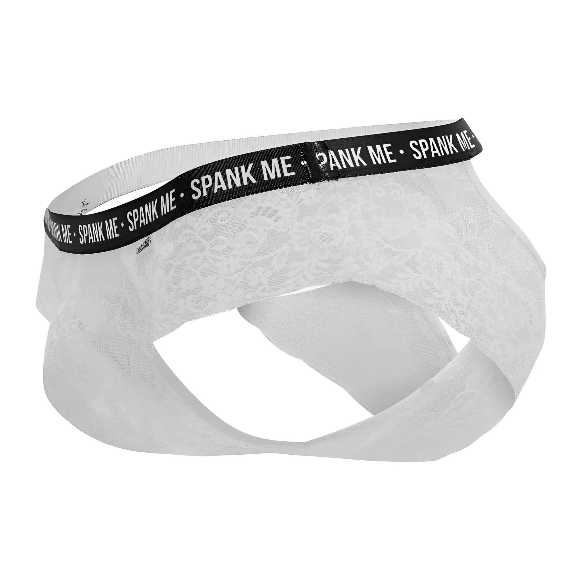 White lace mens briefs with black elastic waistband featuring repeated spank me text candyMan 99615X lace briefs