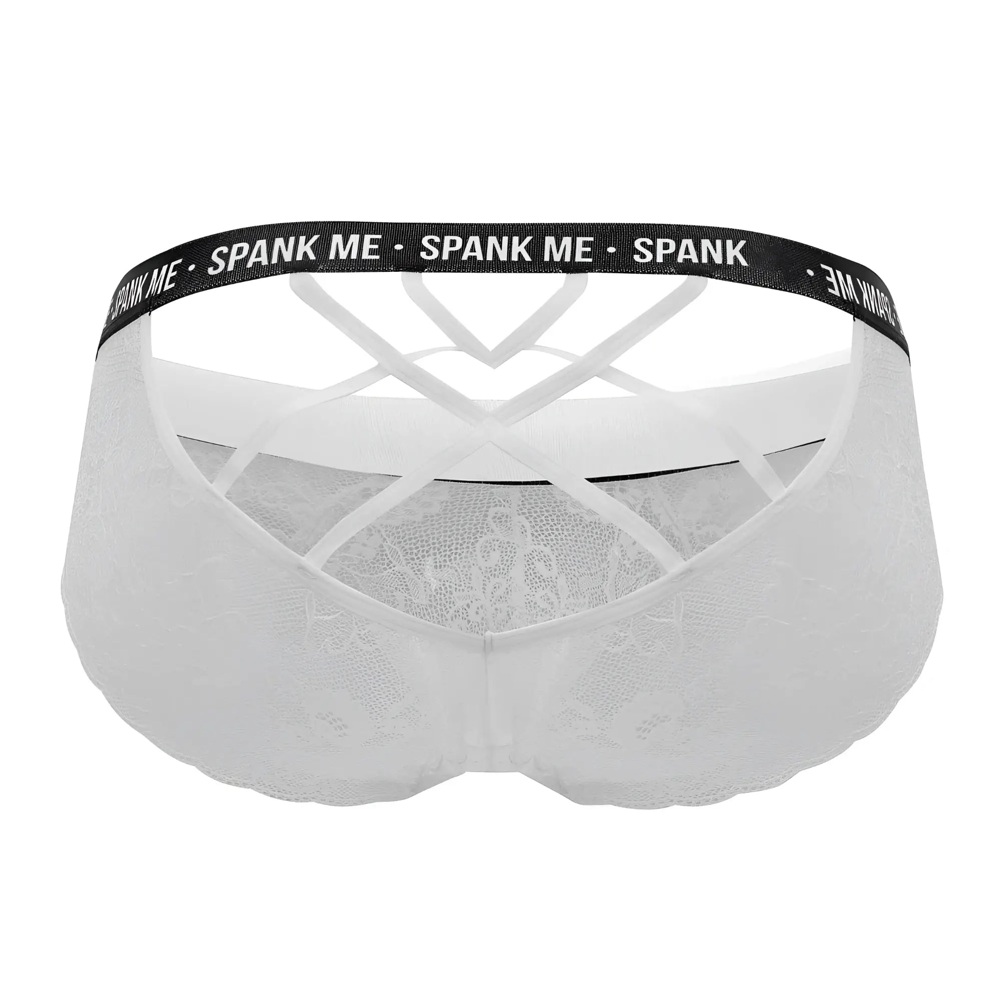 White lace thong with black elastic waistband featuring spank me text from candyman 99615x lace briefs