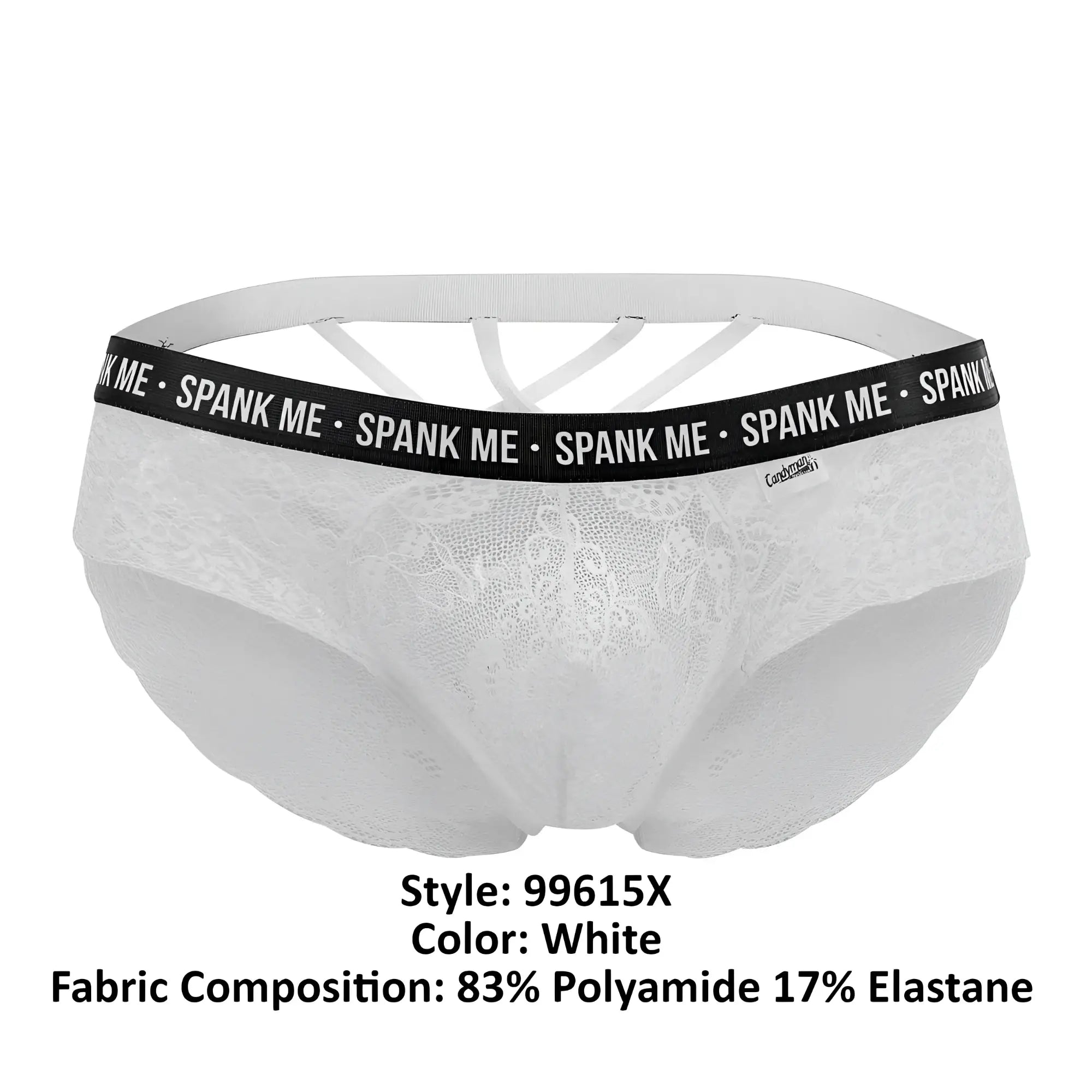 White lace briefs with a black elastic waistband featuring the spank me logo repeated candyMan 99615X